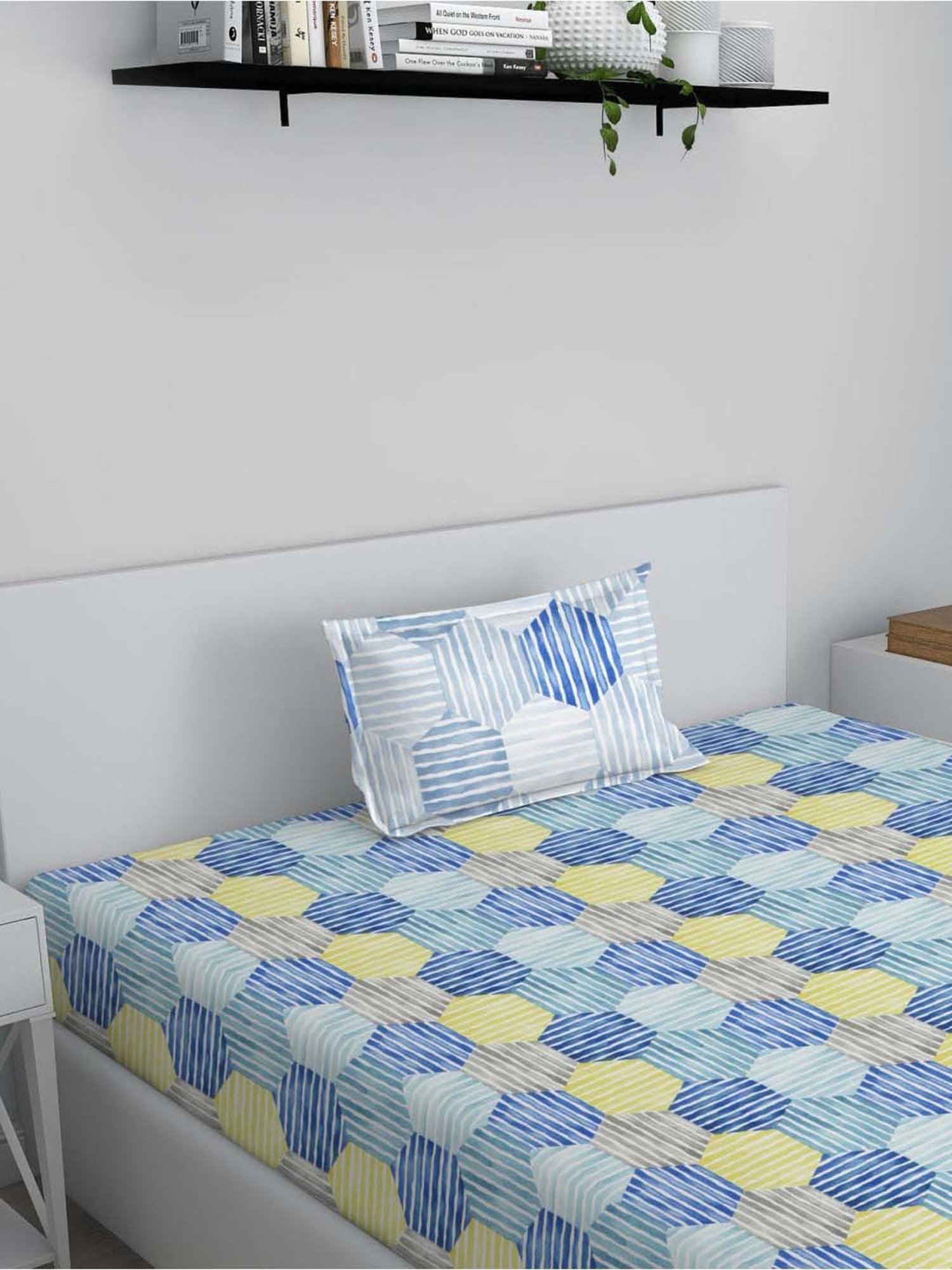 GM Fiesta Blue & Yellow Cotton 180 TC Single Bedsheet with Pillow Cover