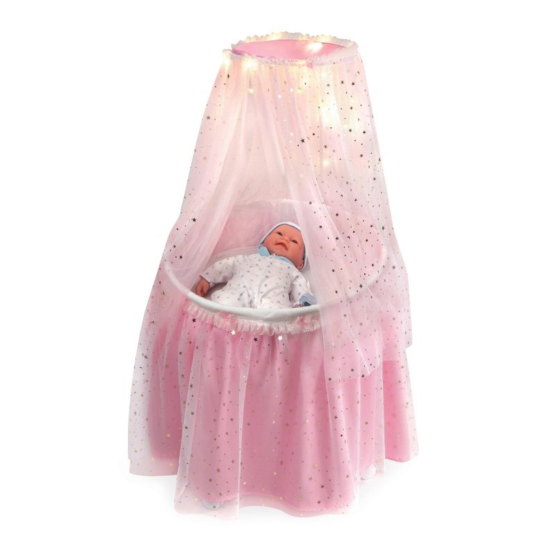 Badger Basket Sweet Dreams Round Doll Bassinet with Canopy and LED Lights - Pink/White/Stars