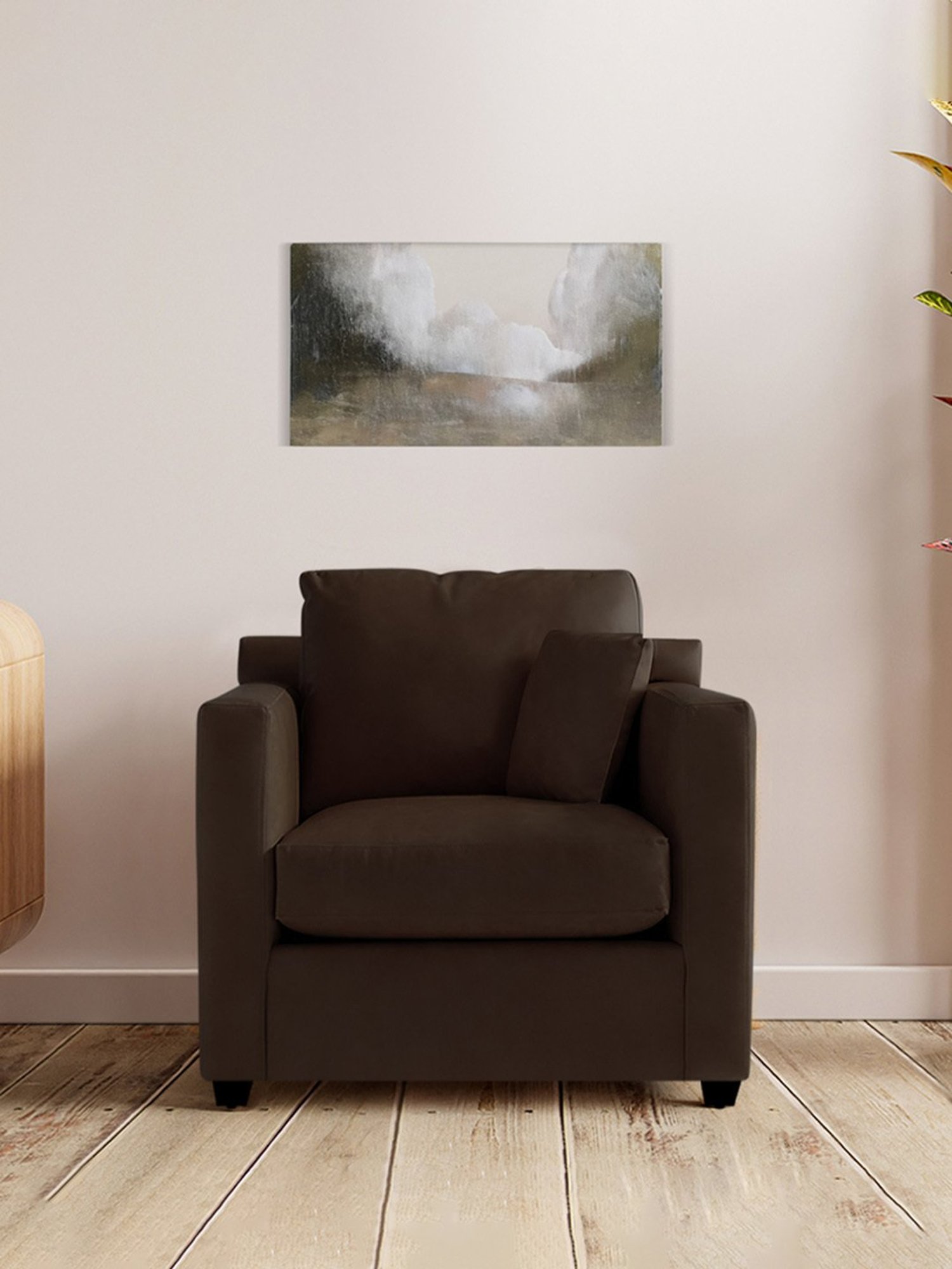 Trevi Olive Brown Leather & Neem Wood 1 Seater Sofa