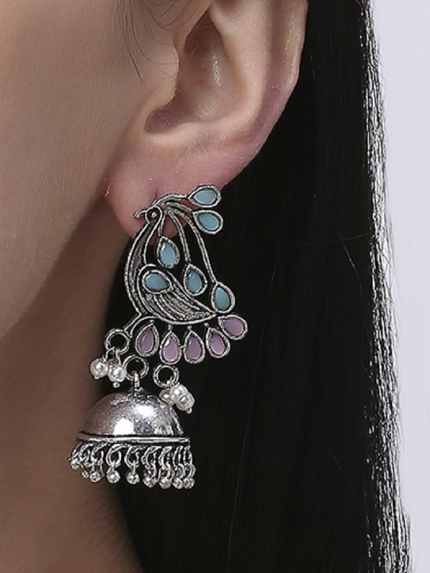 OOMPH Jewellery Oxidized Silver Look Alike Pearls Laxmi Ethnic Jhumki