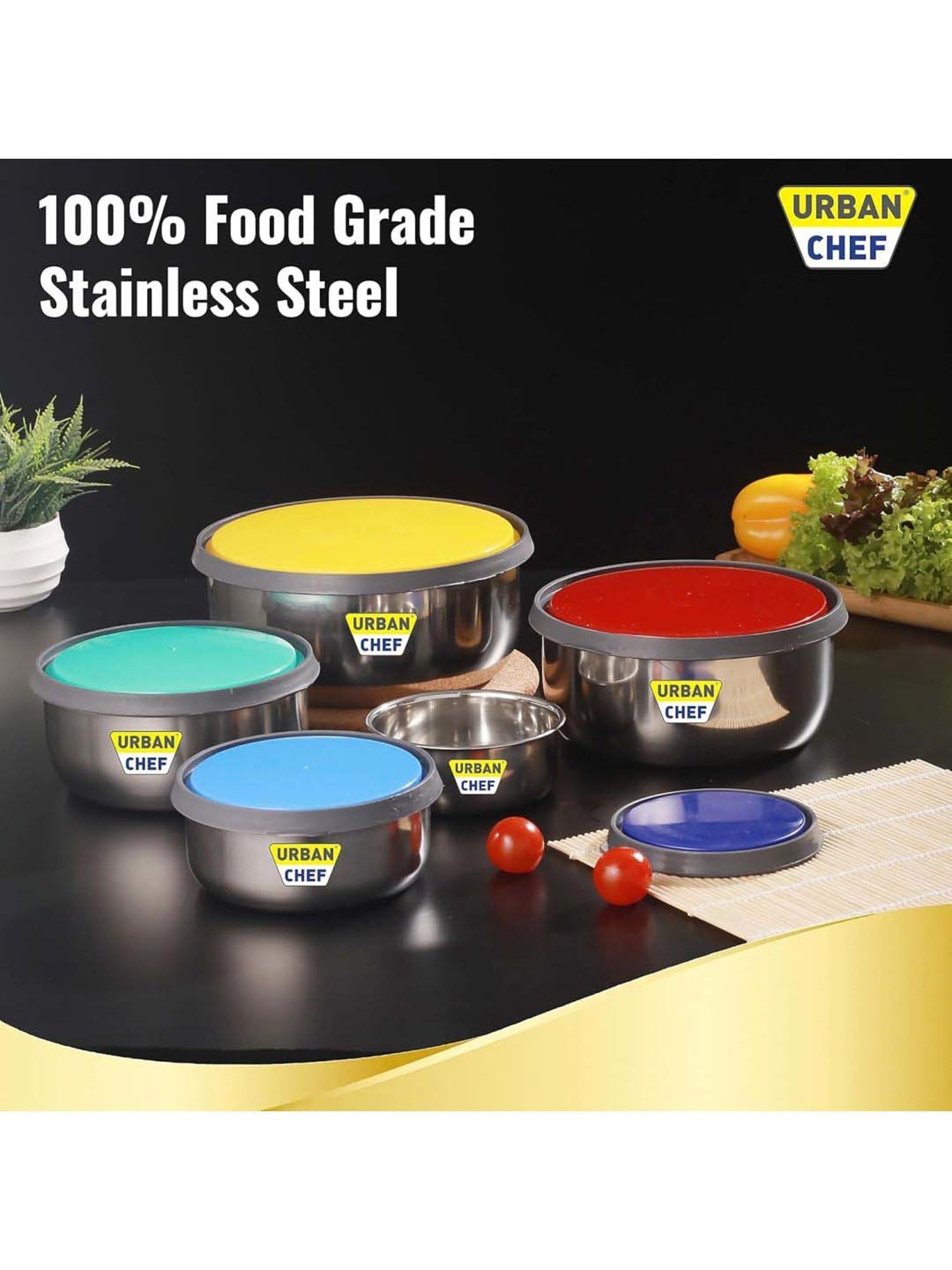 Urban Chef Multicolor Stainless Steel Fresca Push & Lock Bowl Storage Set With Lid - Set of 5