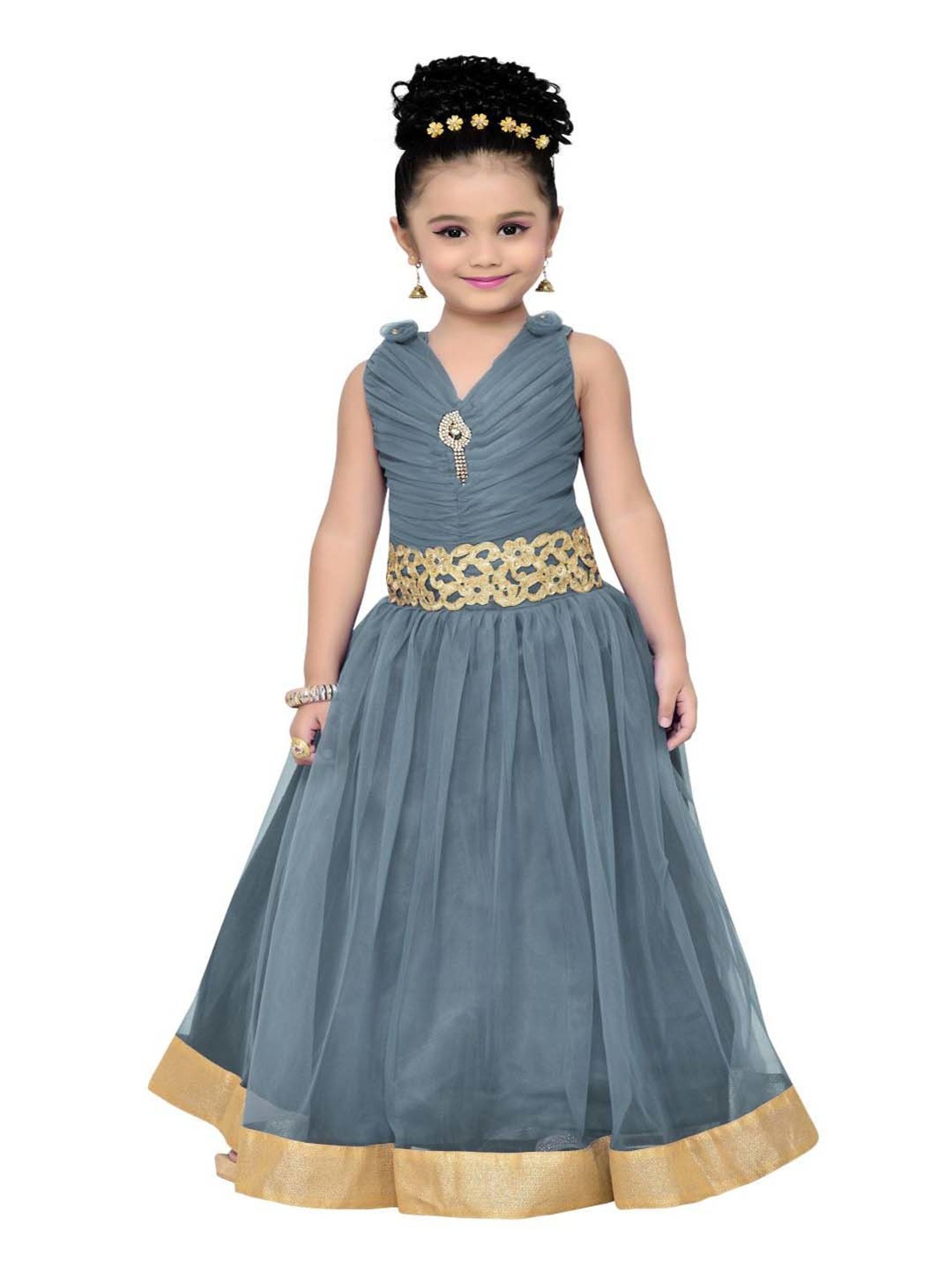 AJ Dezines Kids Grey Zari Work Gown