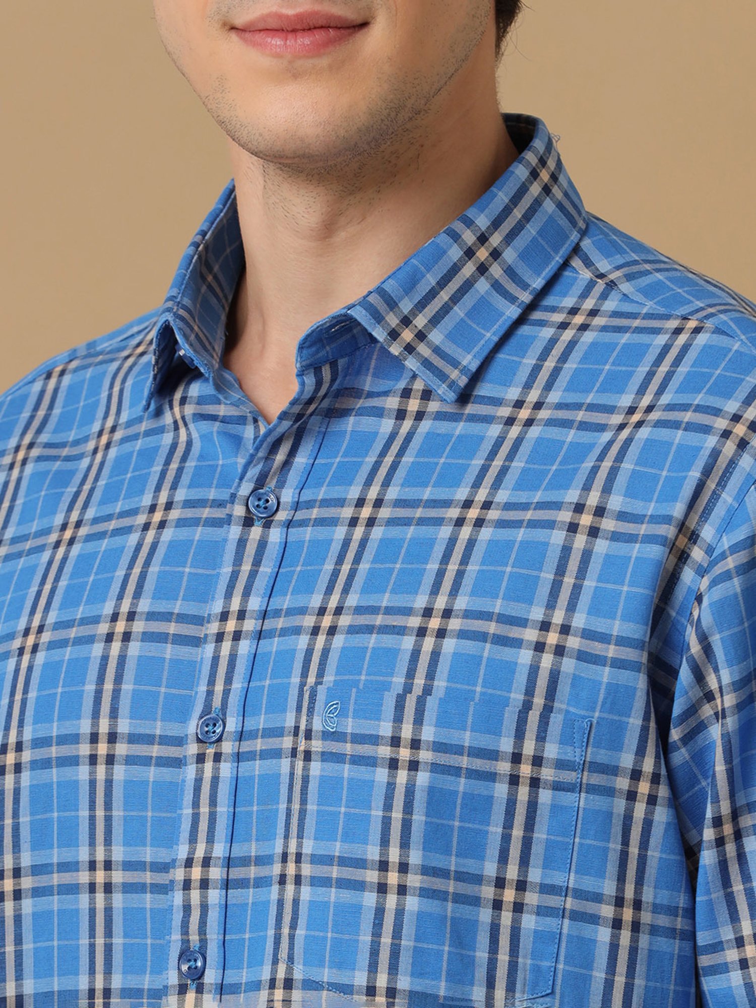 CAVALLO by Linen Club Blue Contemporary Fit Check Shirt