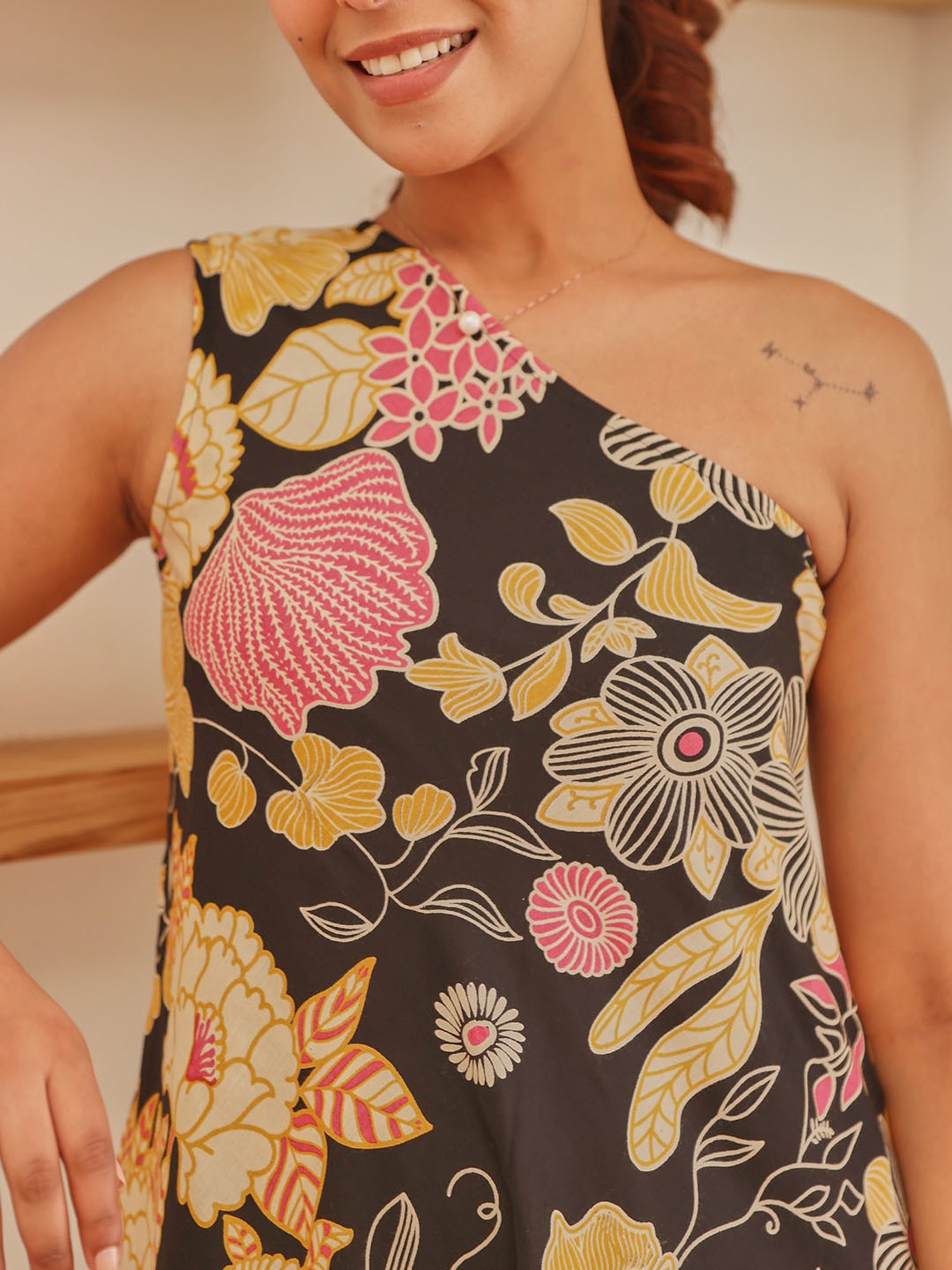 Saffron Threads Black Cotton Floral Print Ethnic Dress