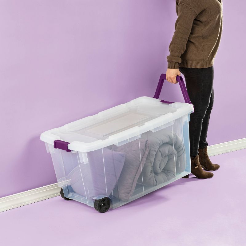 Sterilite 19434303 120 Quart Clear Plastic Storage Container Box and Lid with Blue Latches and Wheels (3 Pack)