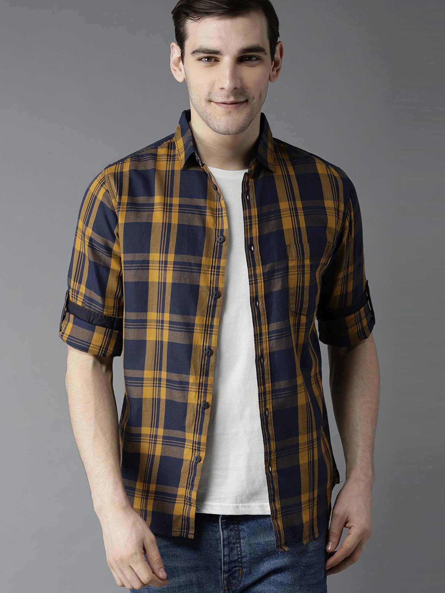 Dennis Lingo Mustard & Navy Cotton Slim Fit Checks Shirt
