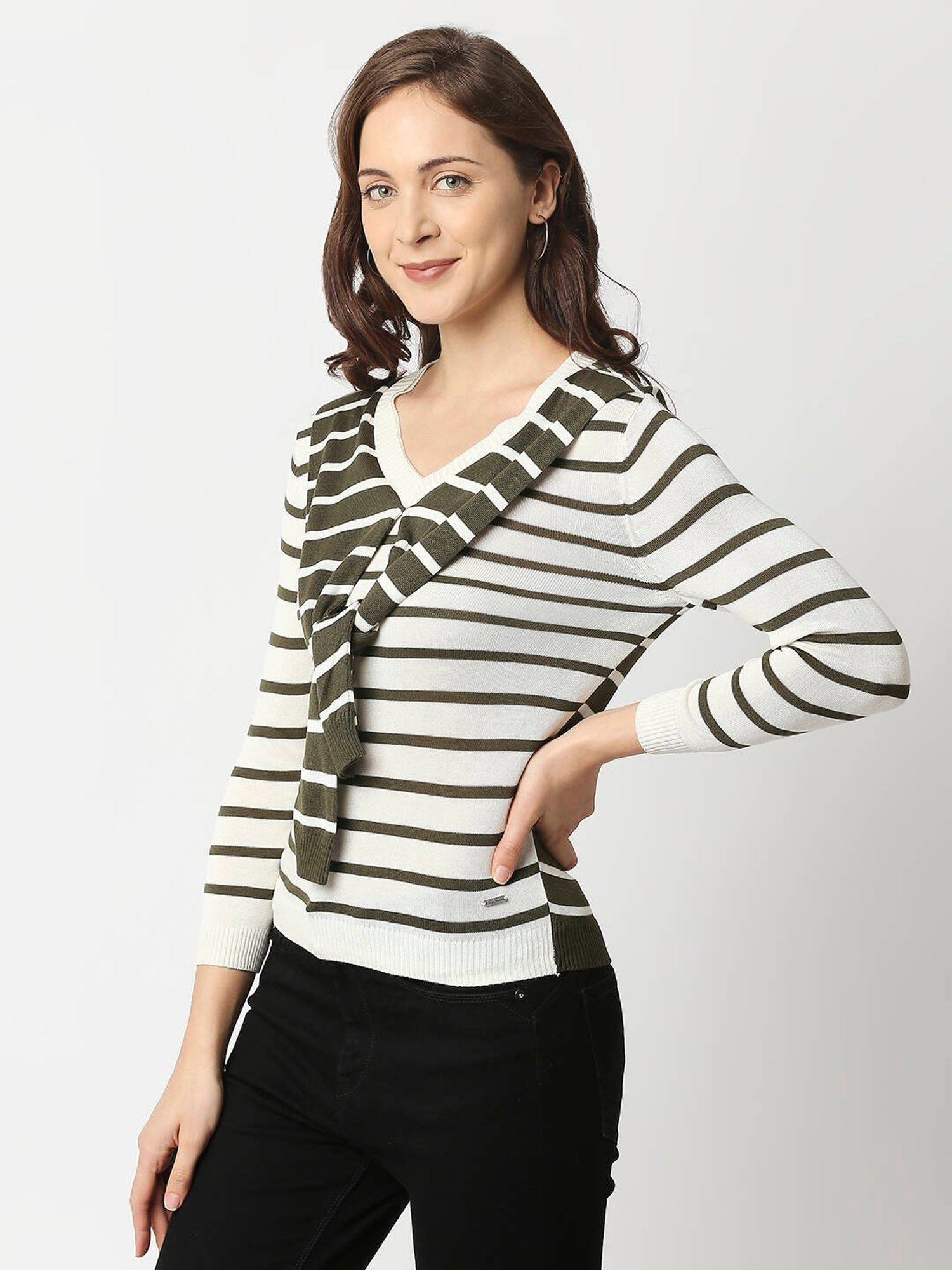 Pepe Jeans Off-White & Green Striped Sweat Top