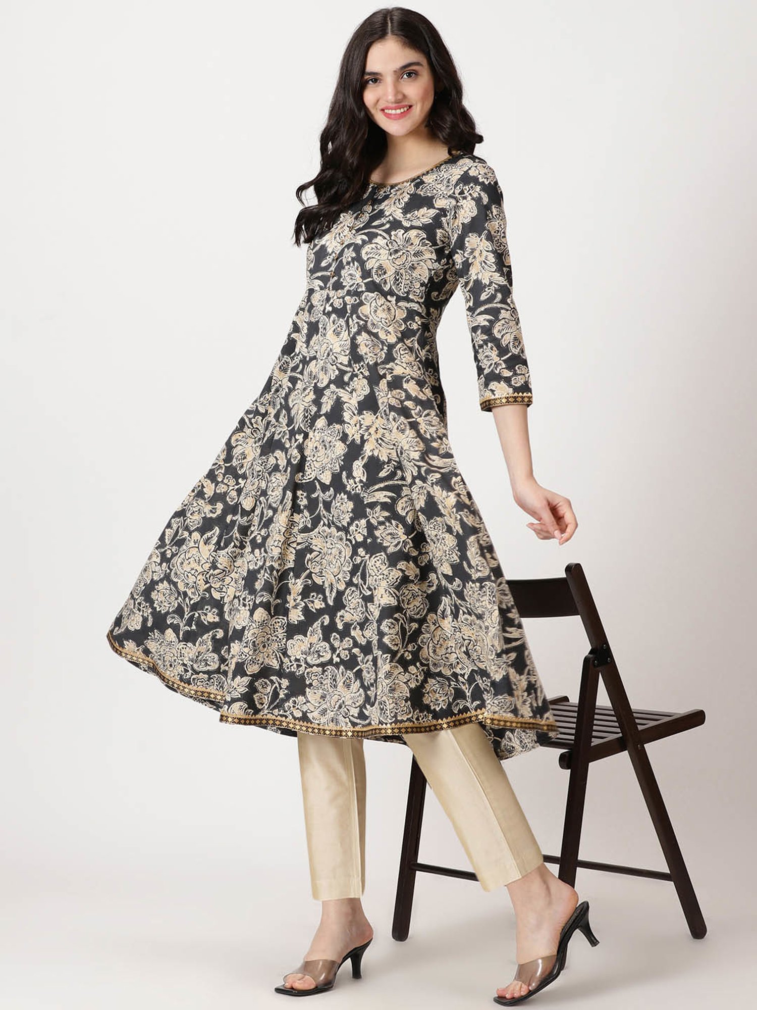 Saffron Threads Black Cotton Floral Anarkali Kurta