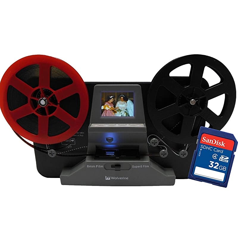 8mm and Super8 Reels Movie Digitizer with 2.4" LCD, Black (Film2Digital MovieMaker), Includes 32GB SD Memory Card & Worldwide Voltage 110V/240V AC Adapter (Bundle)