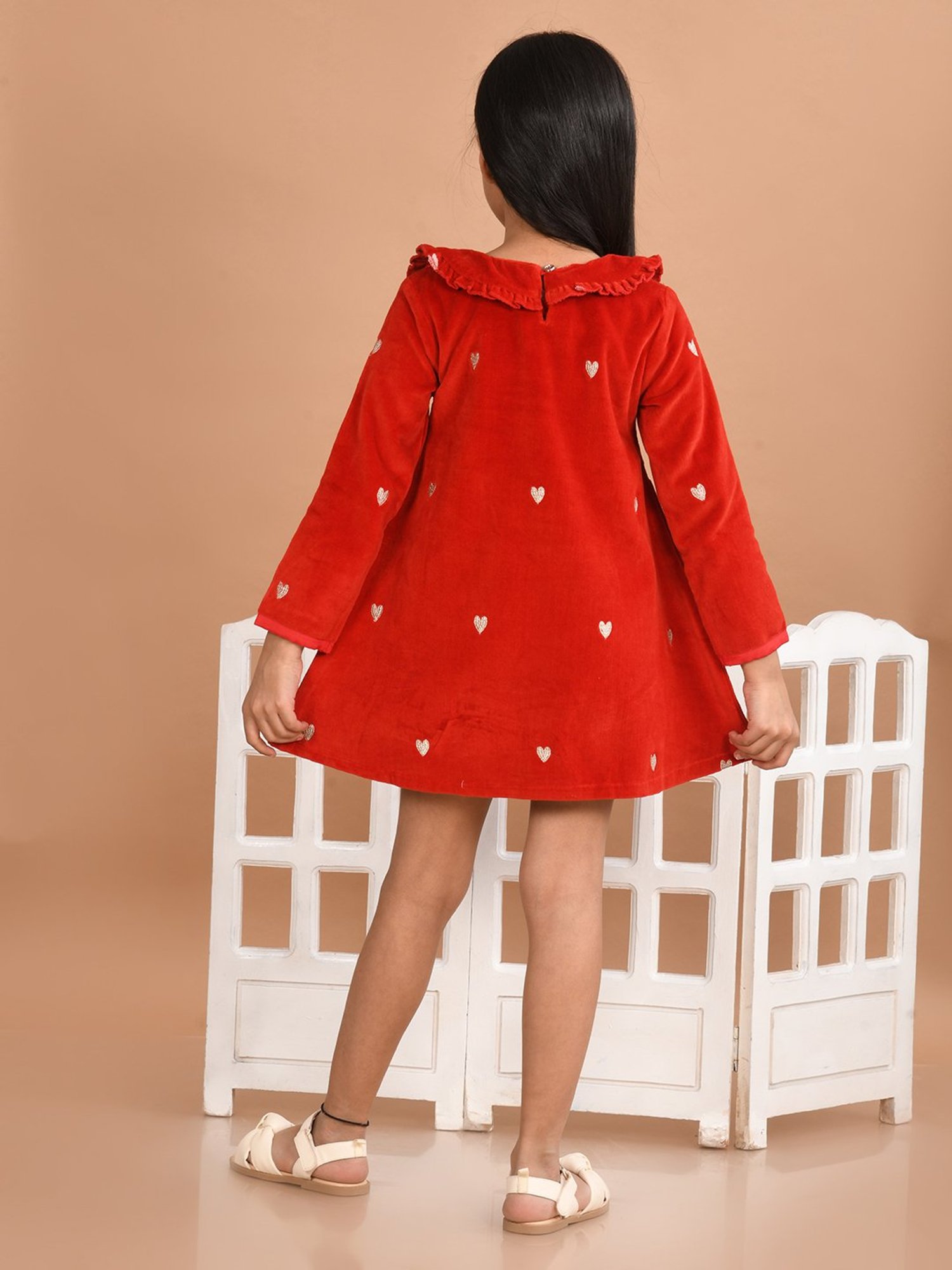 LilPicks Kids Red Embroidered Full Sleeves Dress