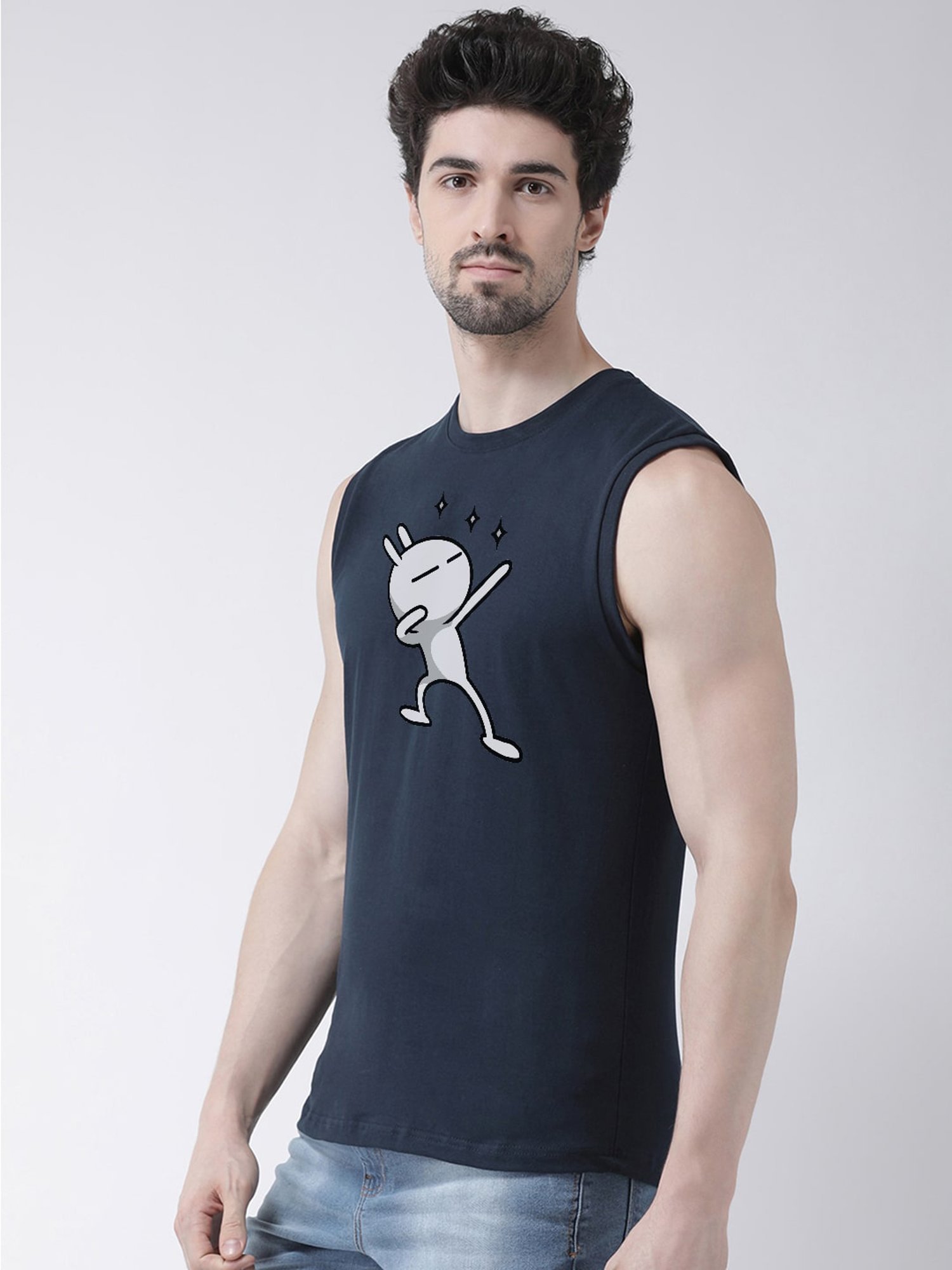 Friskers Navy Slim Fit Graphic Print Sleeveless T-Shirt