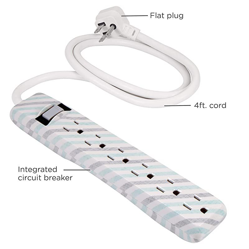 Outlet Power Strip 4 Ft Power Cord Flat Plug Wall Mount For Bedroom Dorm or Home Decor Power Switch Integrated Circuit Breaker UL Listed White Gray Mint Stripes 31040