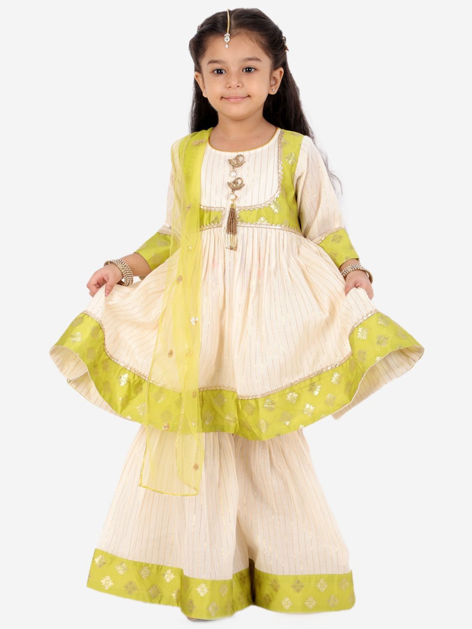 Little Bansi Kids Cream & Green Cotton Zari Work Suit Set