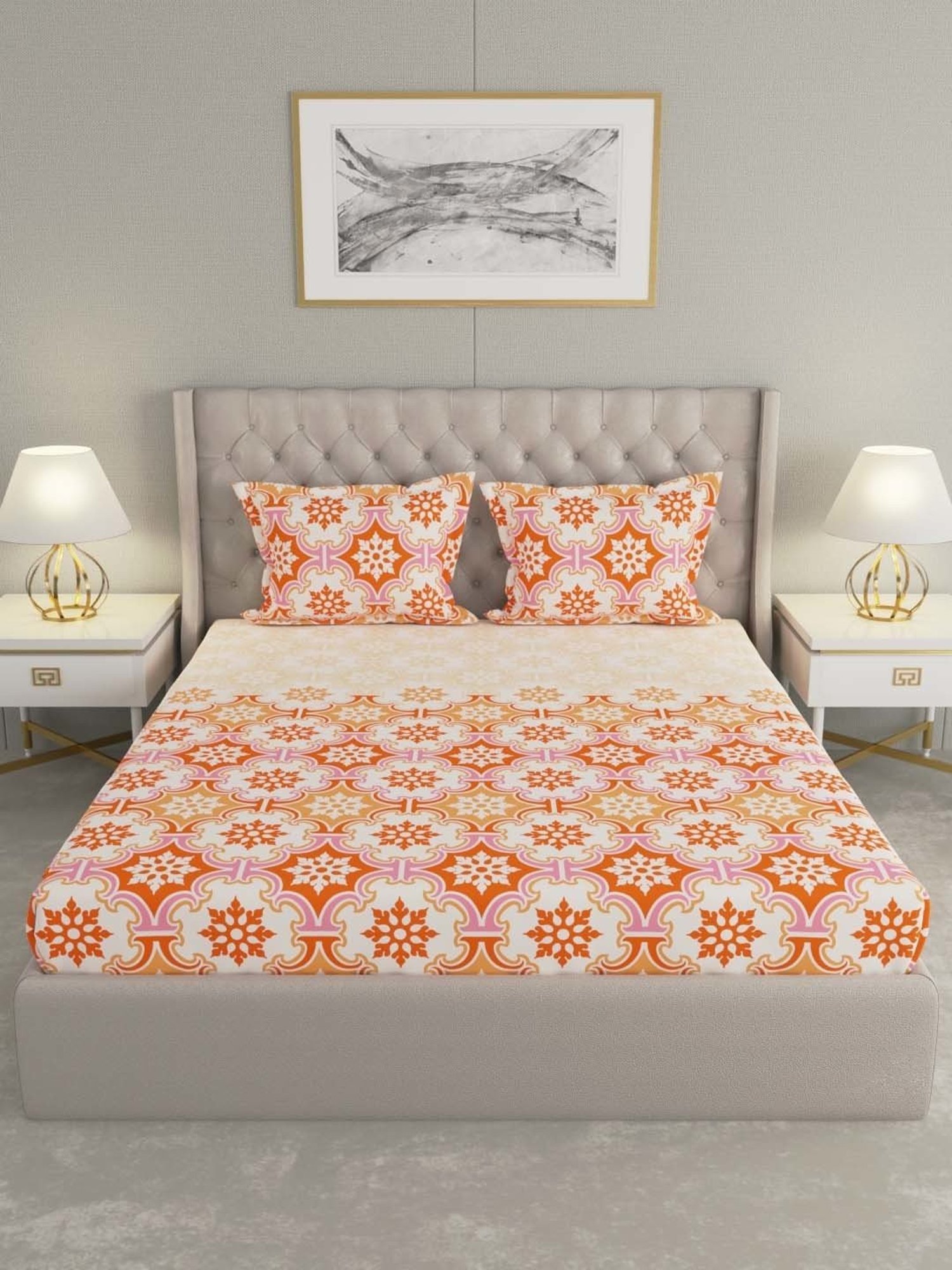 Raymond Home Shubham Orange 120 TC Cotton King Bedsheet with 2 Pillow Covers