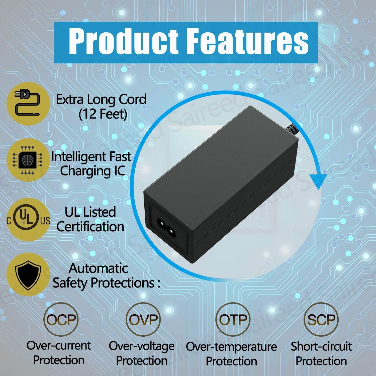 Saireed UL Type C Charger for Samsung Chromebook Plus XE513C24-K01US,V2 XE521qab-k01us XE520QAB-K01US XE520QAB-K02US XE520QAB-K03US,LTE XE525QBB-K01US Laptop Power Supply USB C Adapter 12Ft Cord