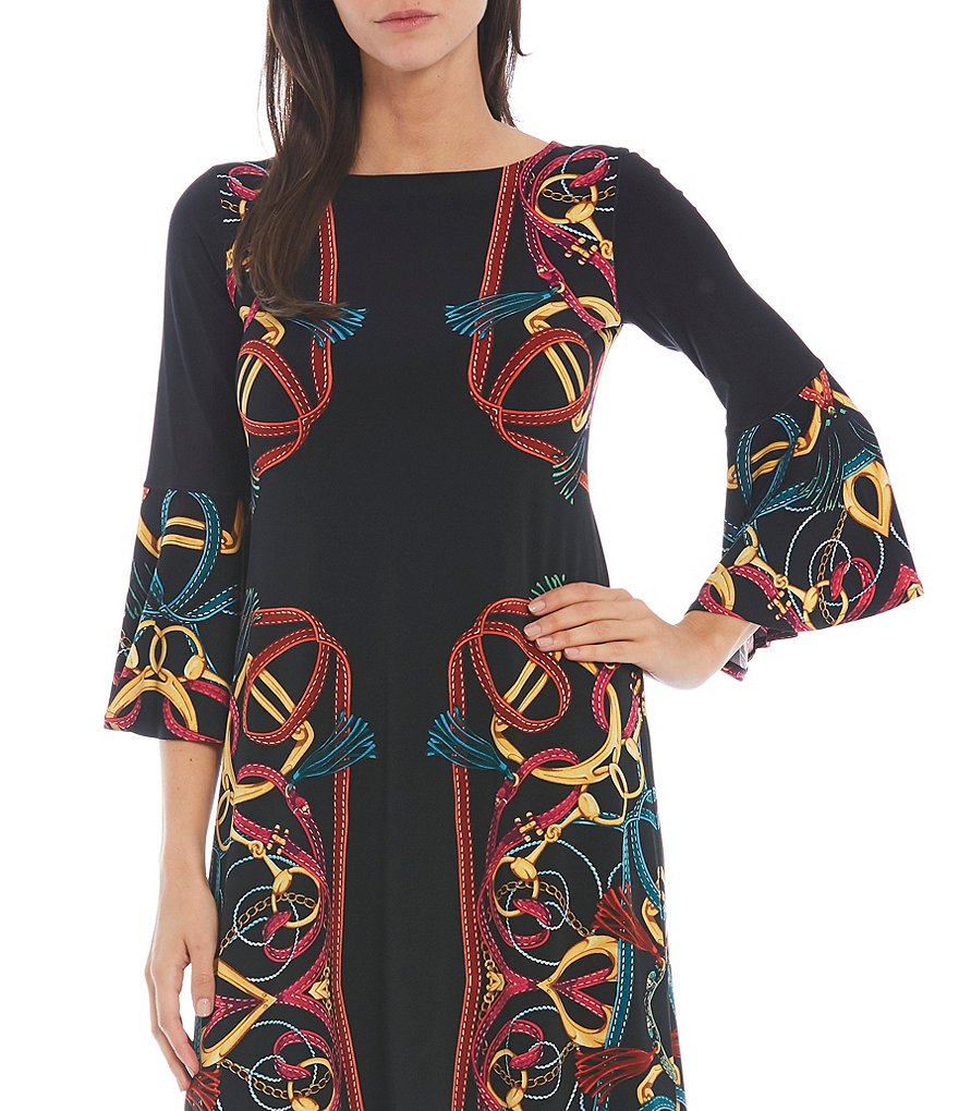 Eva Varro Mirrored Scarf Print Knit Ruffle Bell 3/4 Sleeve Boat Neck Dress