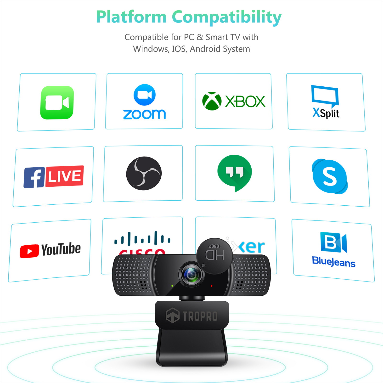 TROPRO Tw8 Webcam with Microphone, 1080P Full HD Computer Camera for PC with Cover, Expandable Tripod, USB Web Camera with Cover for Video Calls, Streaming, Skype, Zoom, Teleconference