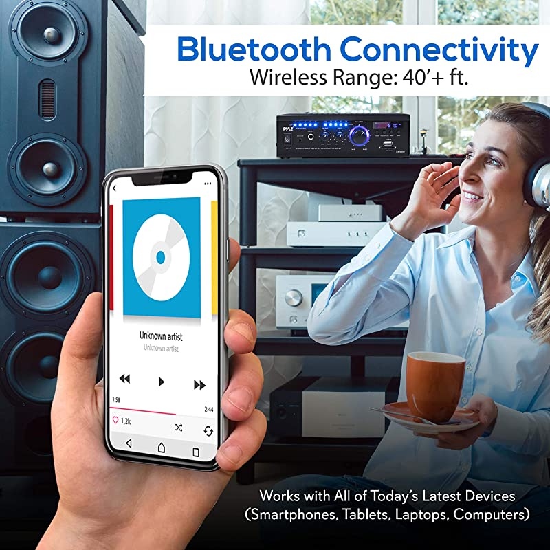 Wireless Bluetooth Home Stereo Amplifier 2x120 Watt Power Amplifier Home Audio Bluetooth Receiver System WBlue Led Display USBSD AUX RCA Headphone Jack Remote  PCAU46BA