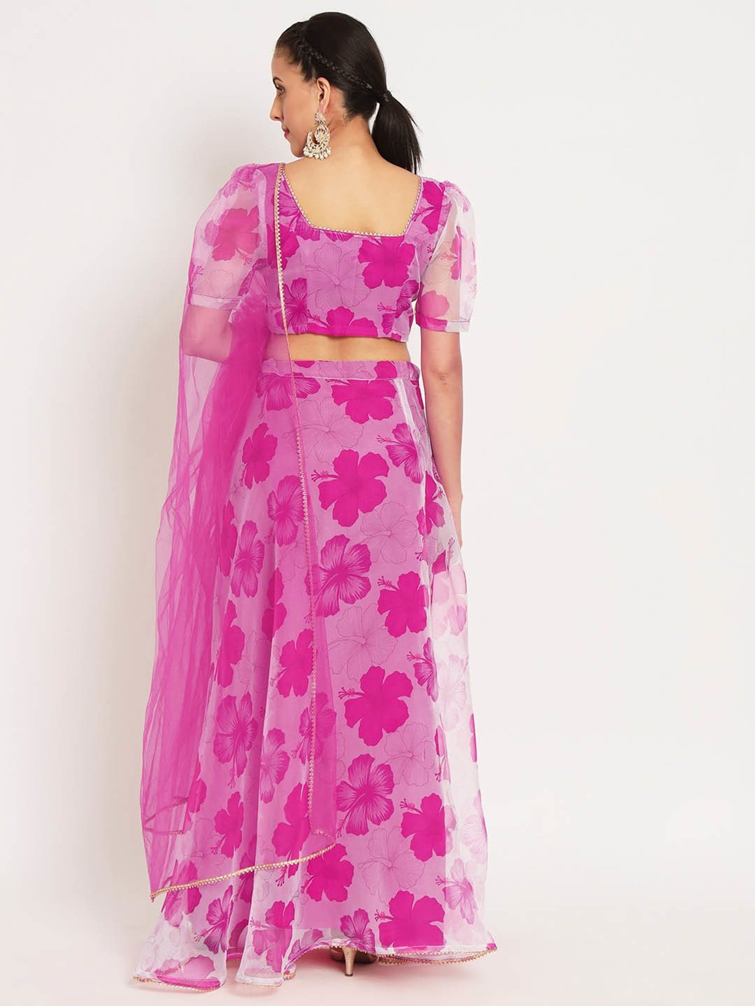 studiorasa White & Pink Organza Floral Print Lehenga Set