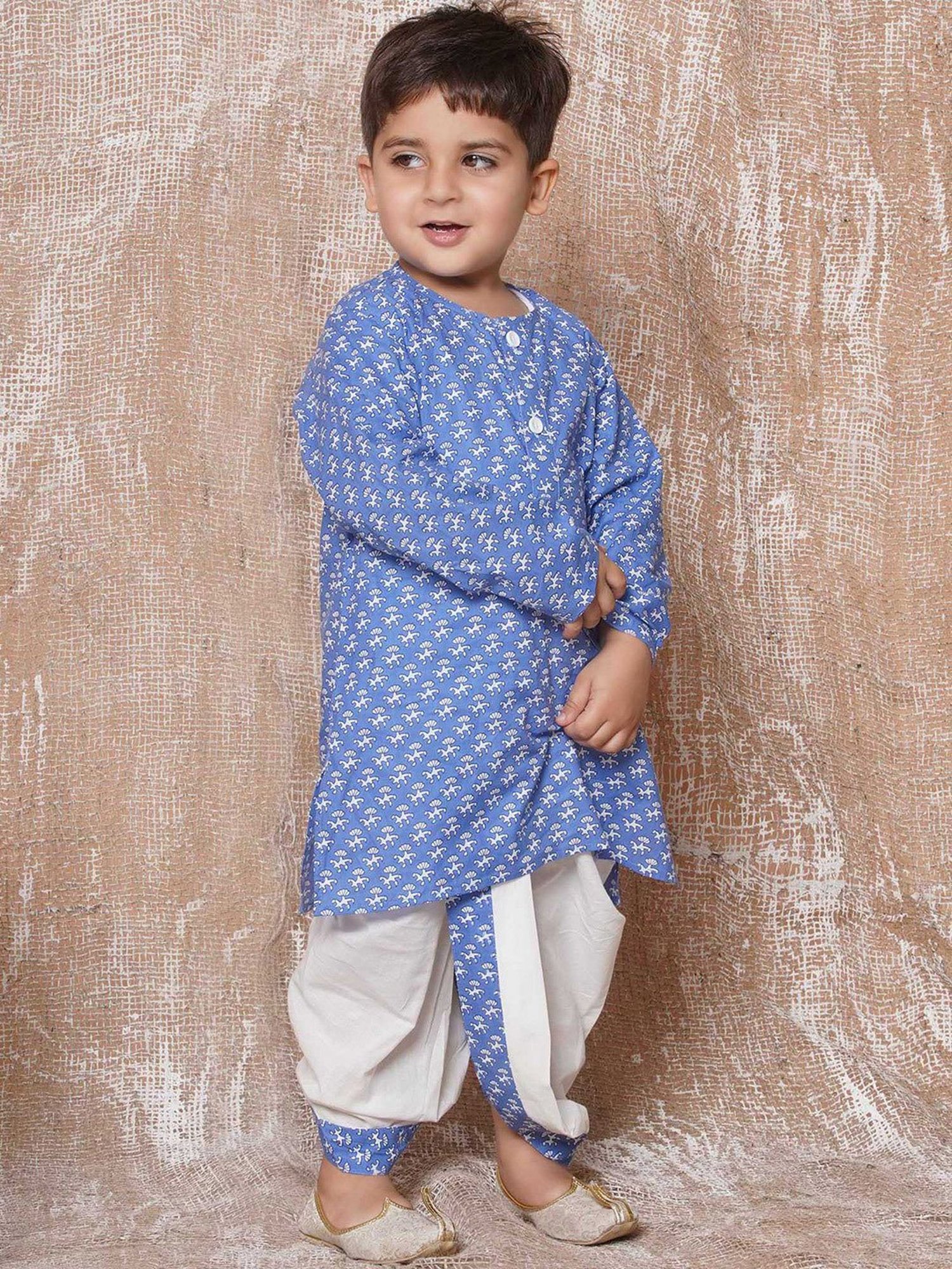AJ Dezines Kids Blue & White Printed Full Sleeves Kurta with Dhoti