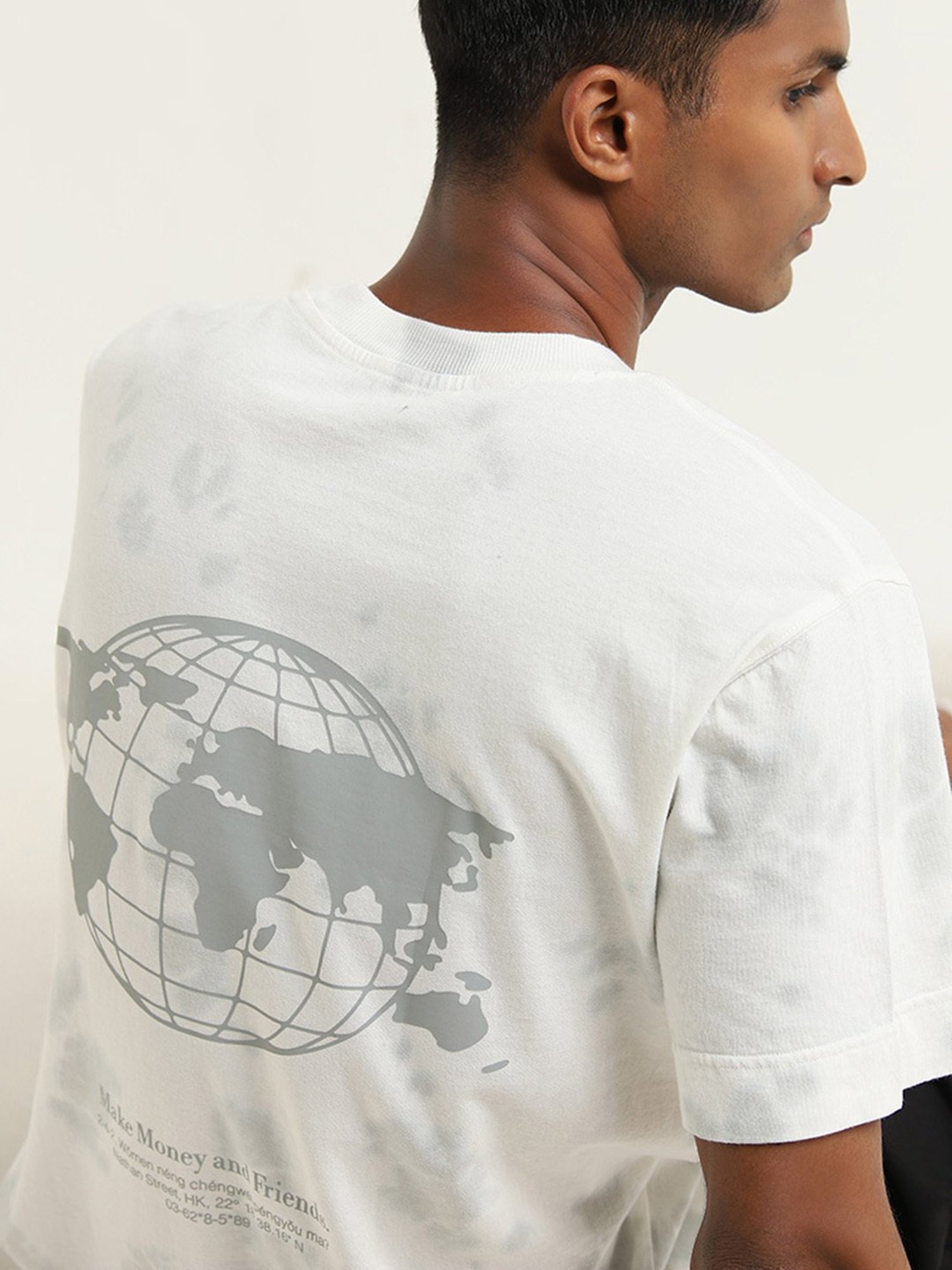 Studiofit by Westside White Globe Printed Relaxed Fit T-Shirt