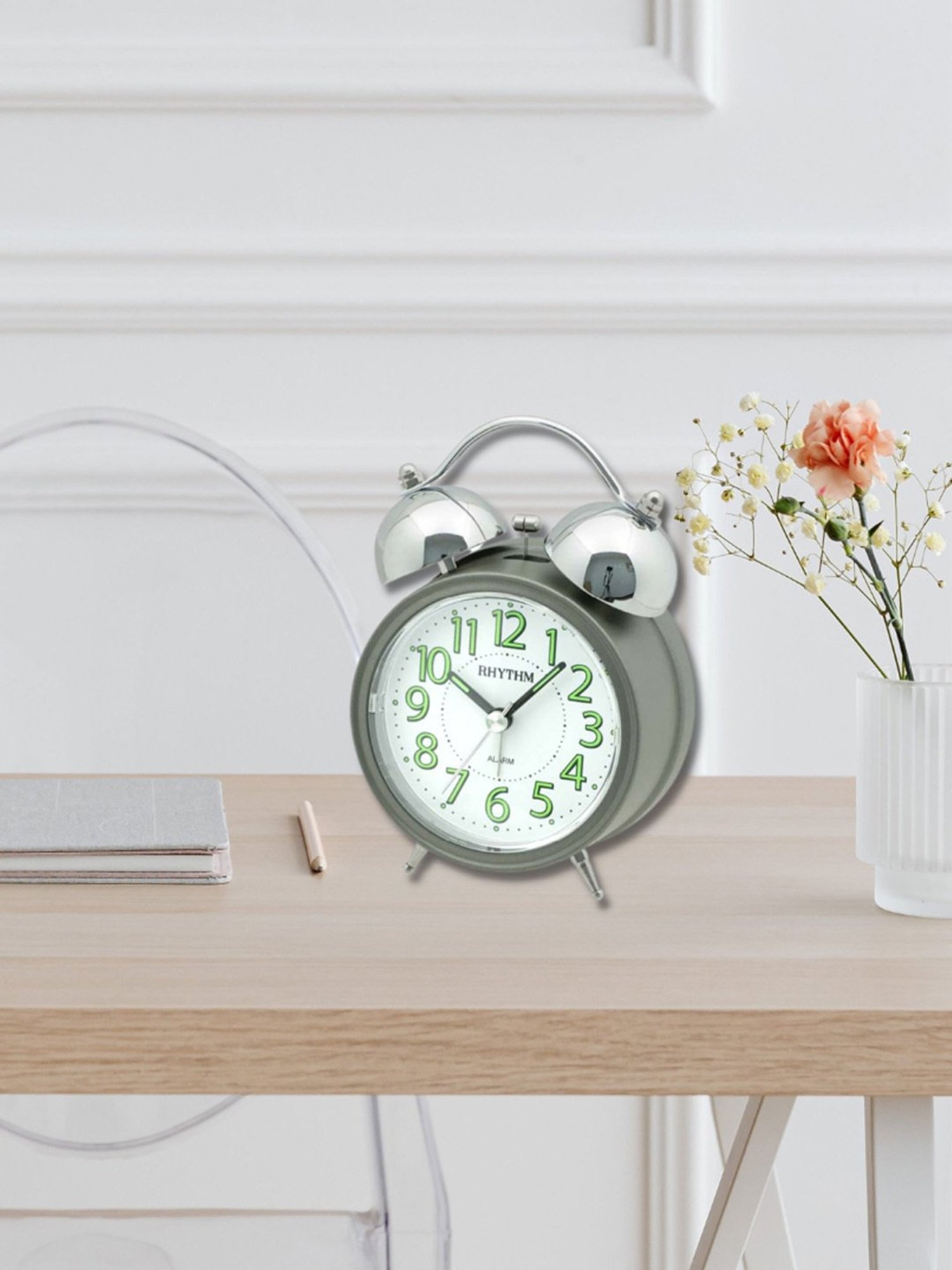 RHYTHM Grey Plastic Elegant Round Grey Light Silky Move Bell Alarm Snooze Lumibrite Table Clock