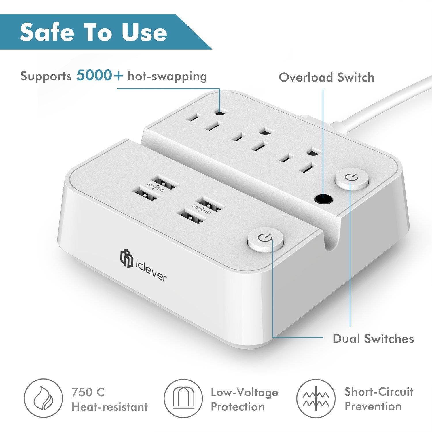 [Separate Switch Control] iClever BoostStrip IC-BS02 Smart Power Strip | USB Charger with 4 USB + 3 AC Outlets, Dual Switch Control Charging Station and Phone/Tablet Stand - White