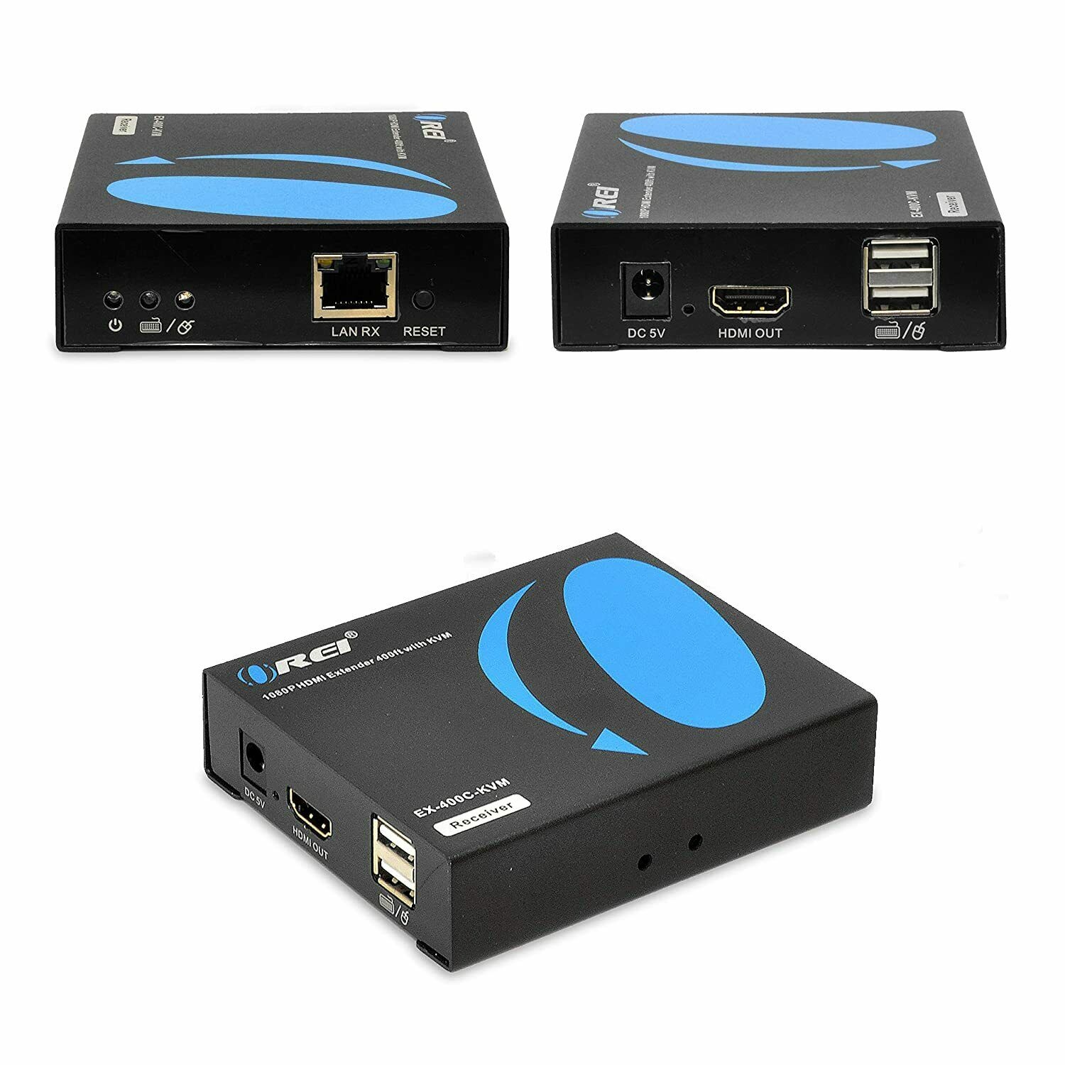HDMI Extender Over LAN by OREI Single CAT5e/CAT6A/CAT7 Cable Uncompressed 1080p @ 60Hz - Up to 400 Ft - Supports KVM - Remote Keyboard Mouse USB Control - Digital Full HD