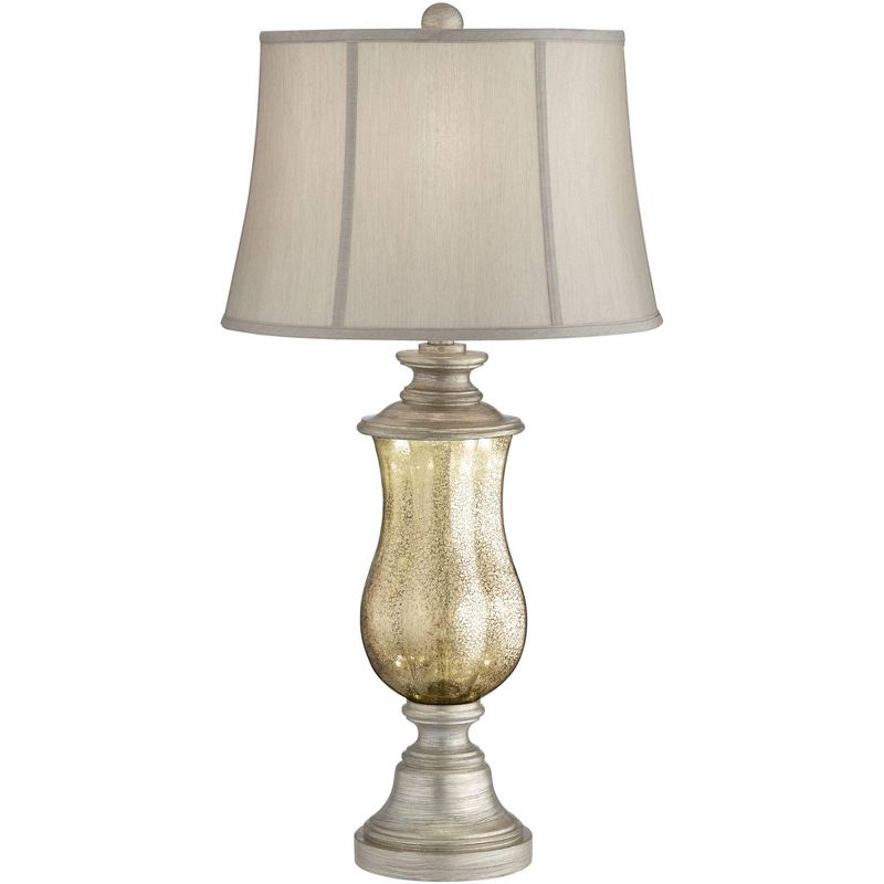 Barnes and Ivy Table Lamp with Nightlight Mercury Glass Urn Off White Fabric Bell Shade Living Room Bedroom Bedside Office Family