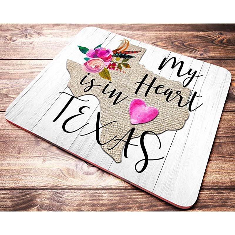 Heart is in Texas Mouse Pad Texas State Map Floral On Faux Wood Mousepad Office Desk Accessories Decor Supplies