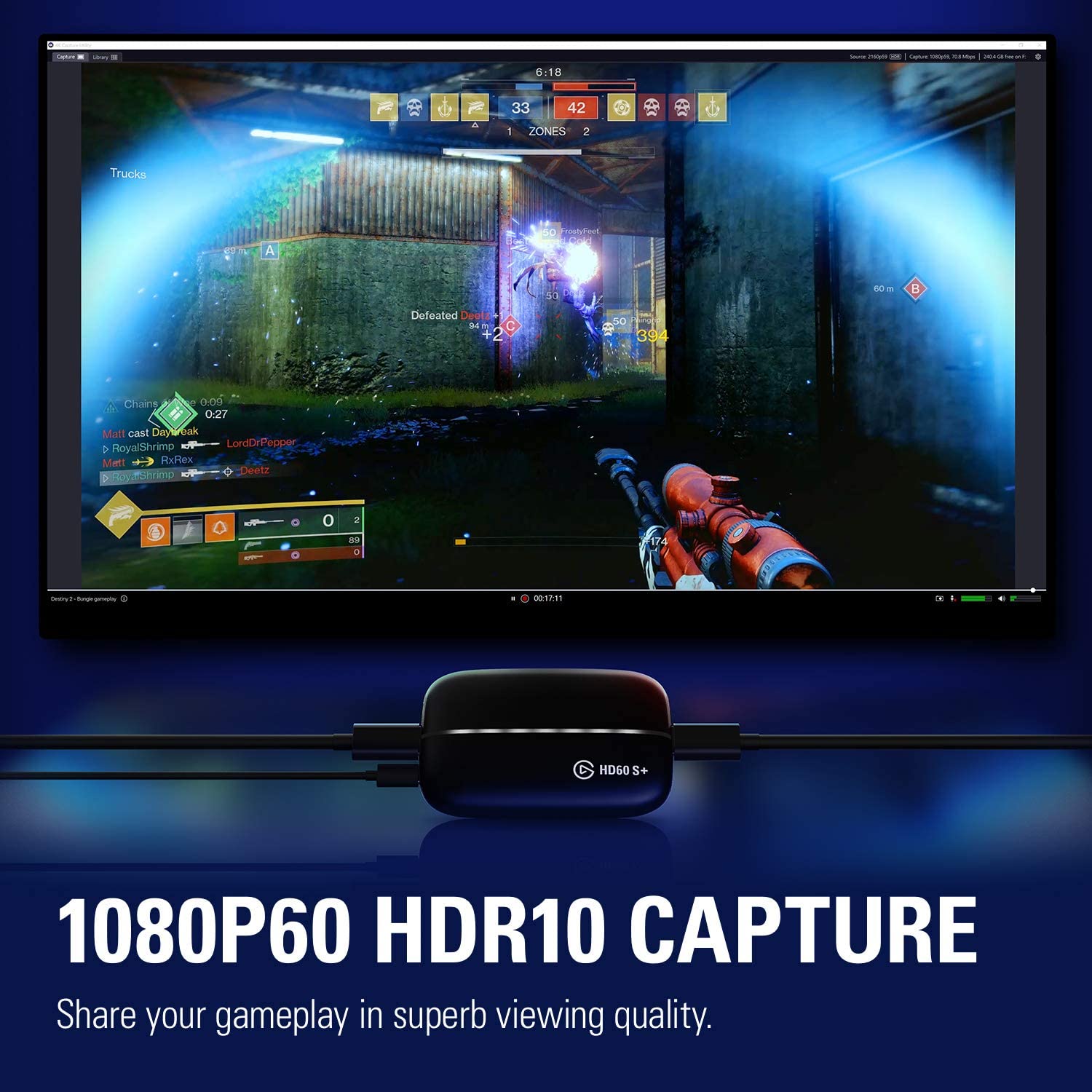 Elgato Game Capture HD60 S+ 1080p60 HDR10 Capture with 4K60 HDR10 Zero-lag passthrough Ultra-Low Latency Technology - 10GAR9901