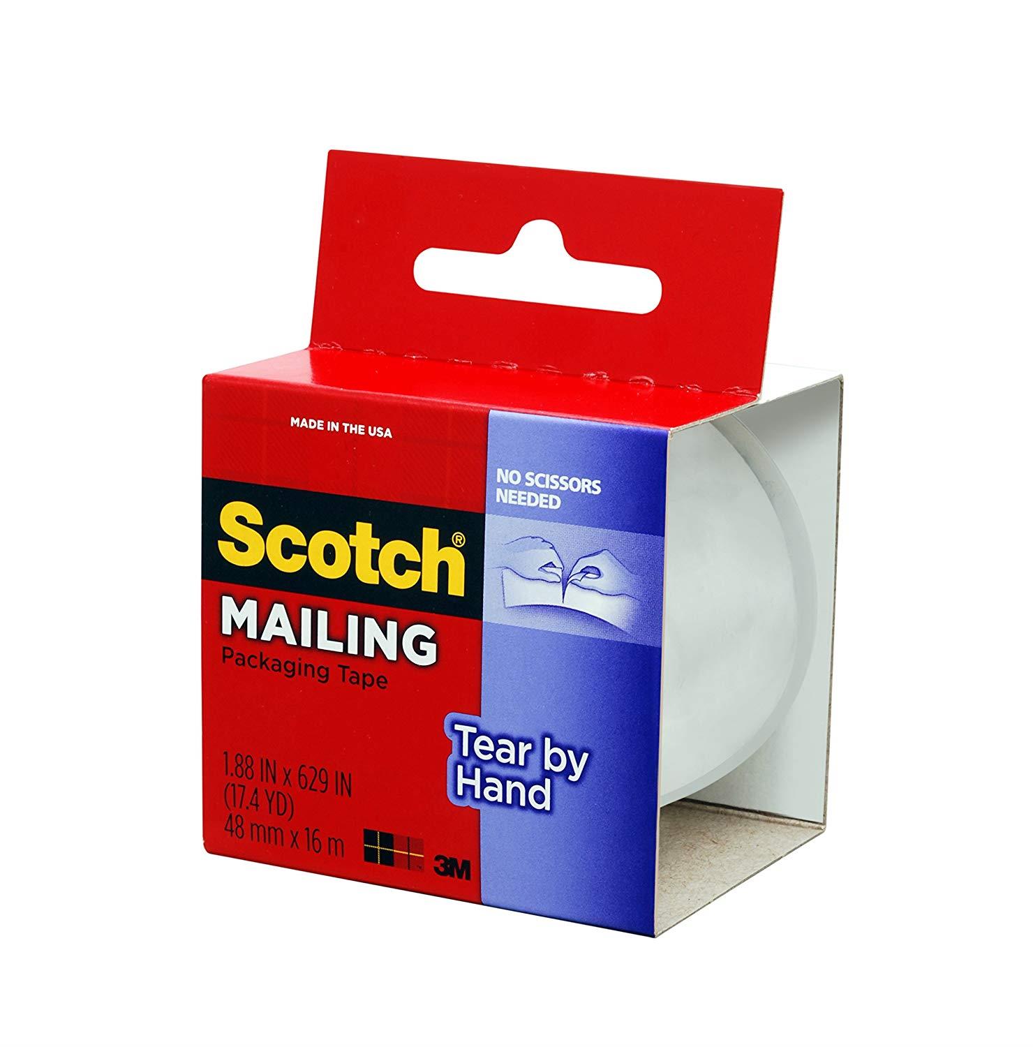 Scotch Tear By Hand Mailing Packaging Tape, 1.88 x 629 Inch, Clear (3841)
