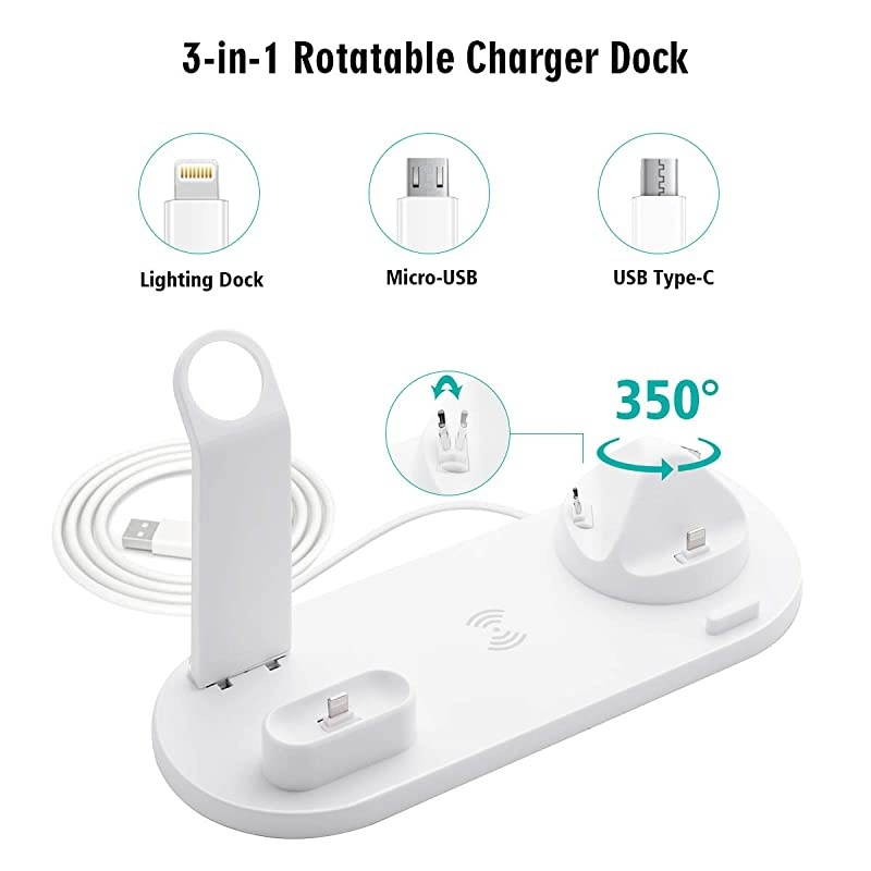 Charger 3 in 1 Charging Station, Charging Dock for iPhone/AirPods, Qi-Certified Fast Charging Stand iPhone 11/11Pro/11Pro Max/X/XS/XR/Max / 8/8 Plus Samsung (White)