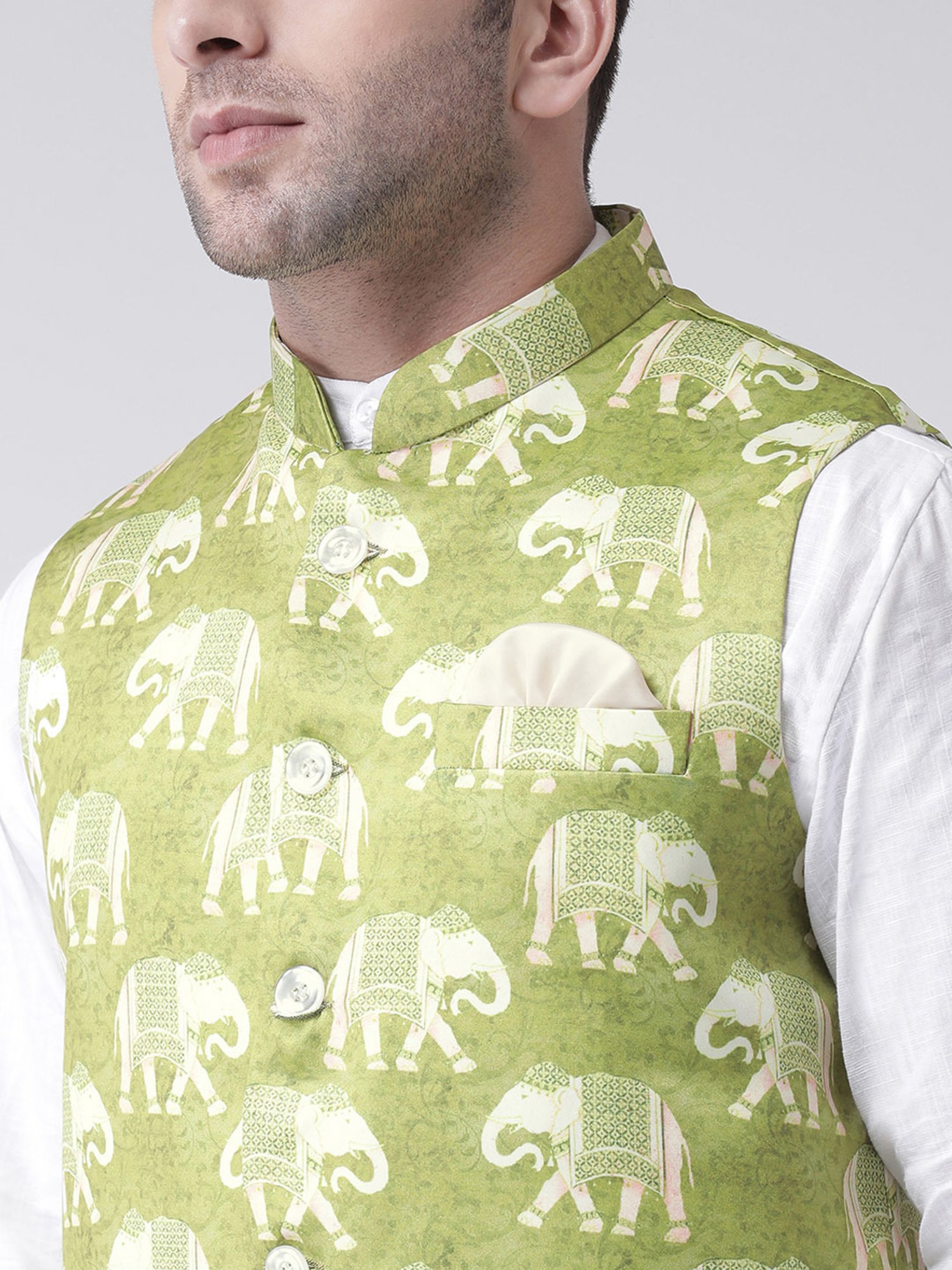 Hangup Plus Lime Green Regular Fit Printed Nehru Jacket