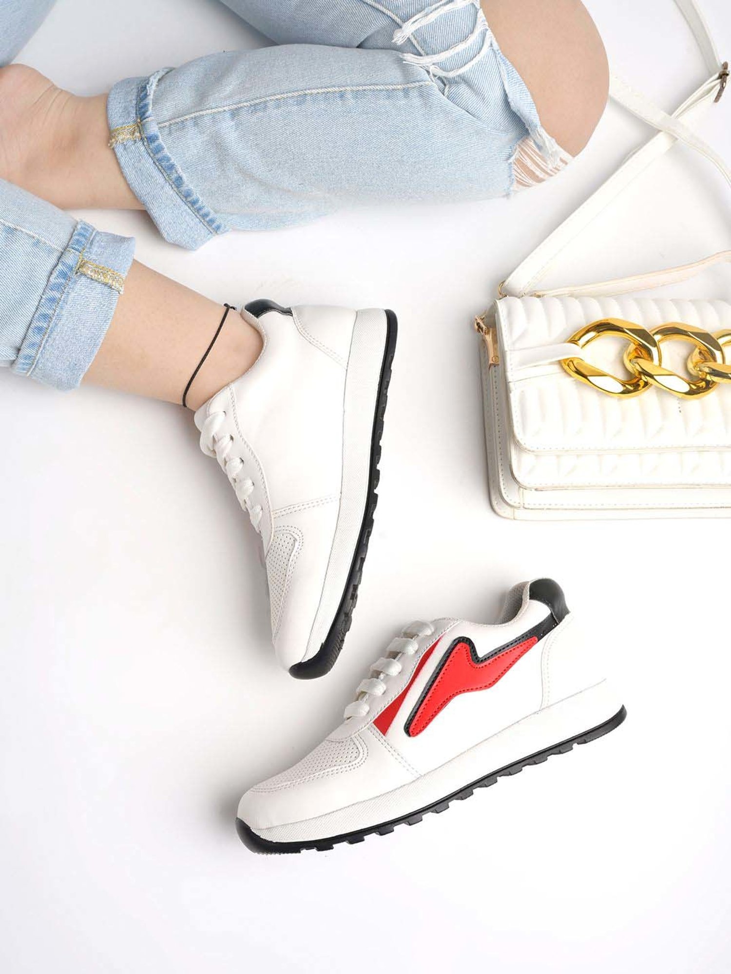 Shoetopia Kids White & Red Casual Sneakers