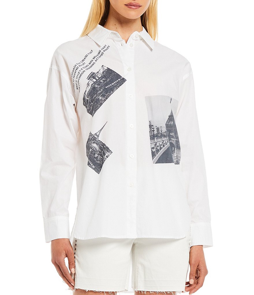 KARL LAGERFELD PARIS Parisian Photograph Point Collar Neck Long Sleeve Button Front Blouse
