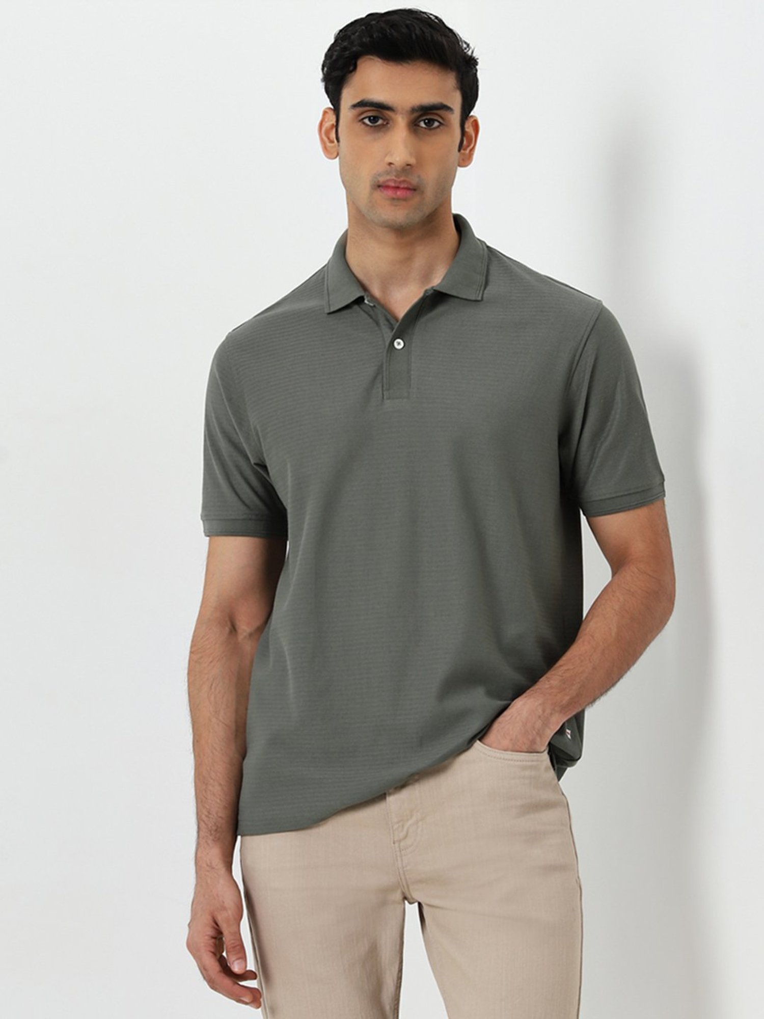 WES Casuals by Westside Olive Textured Pattern Relaxed-Fit Polo T-Shirt