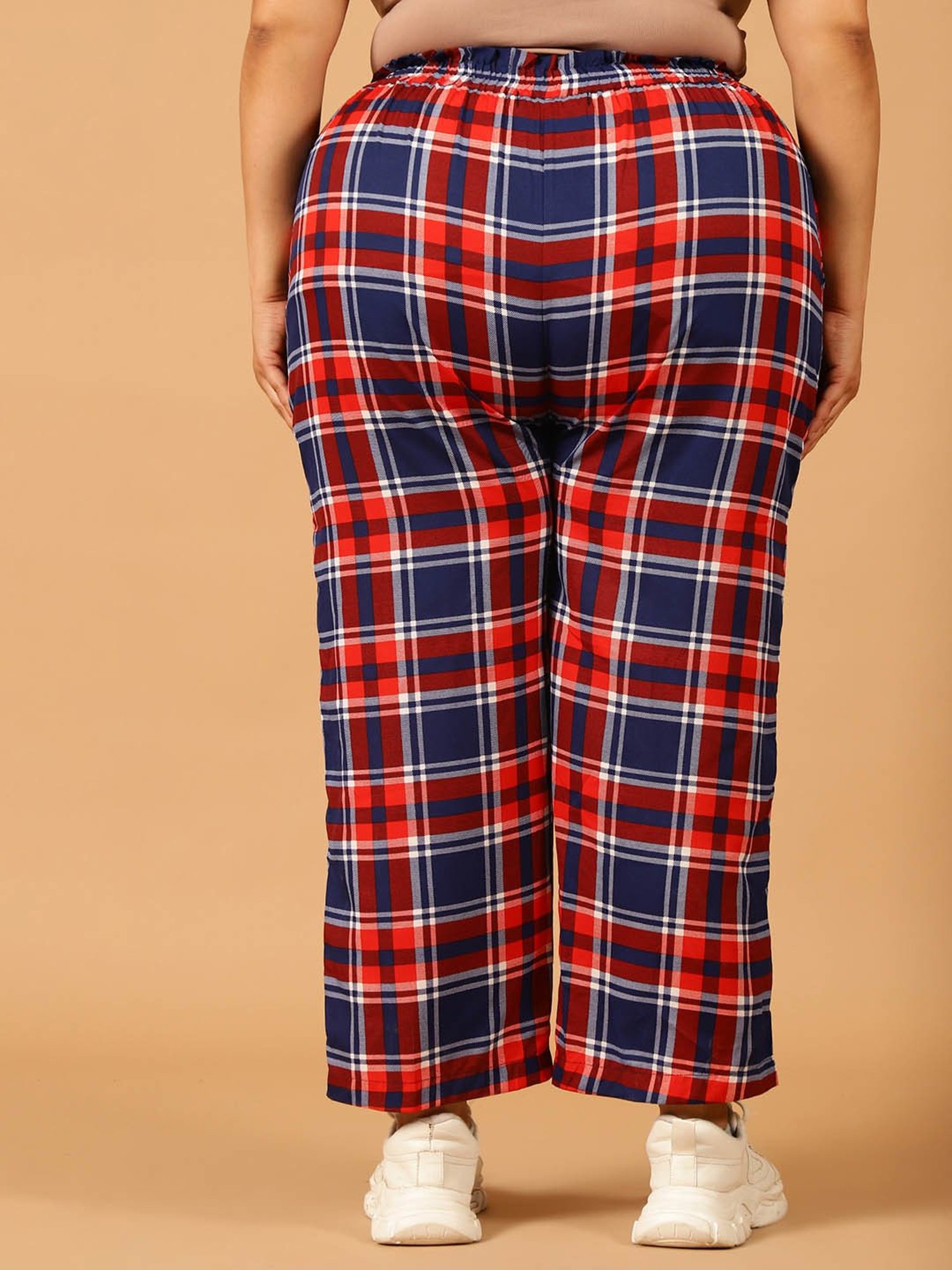 Moms Maternity Red & Blue Check Regular Fit Mid Rise Plus Size Trousers