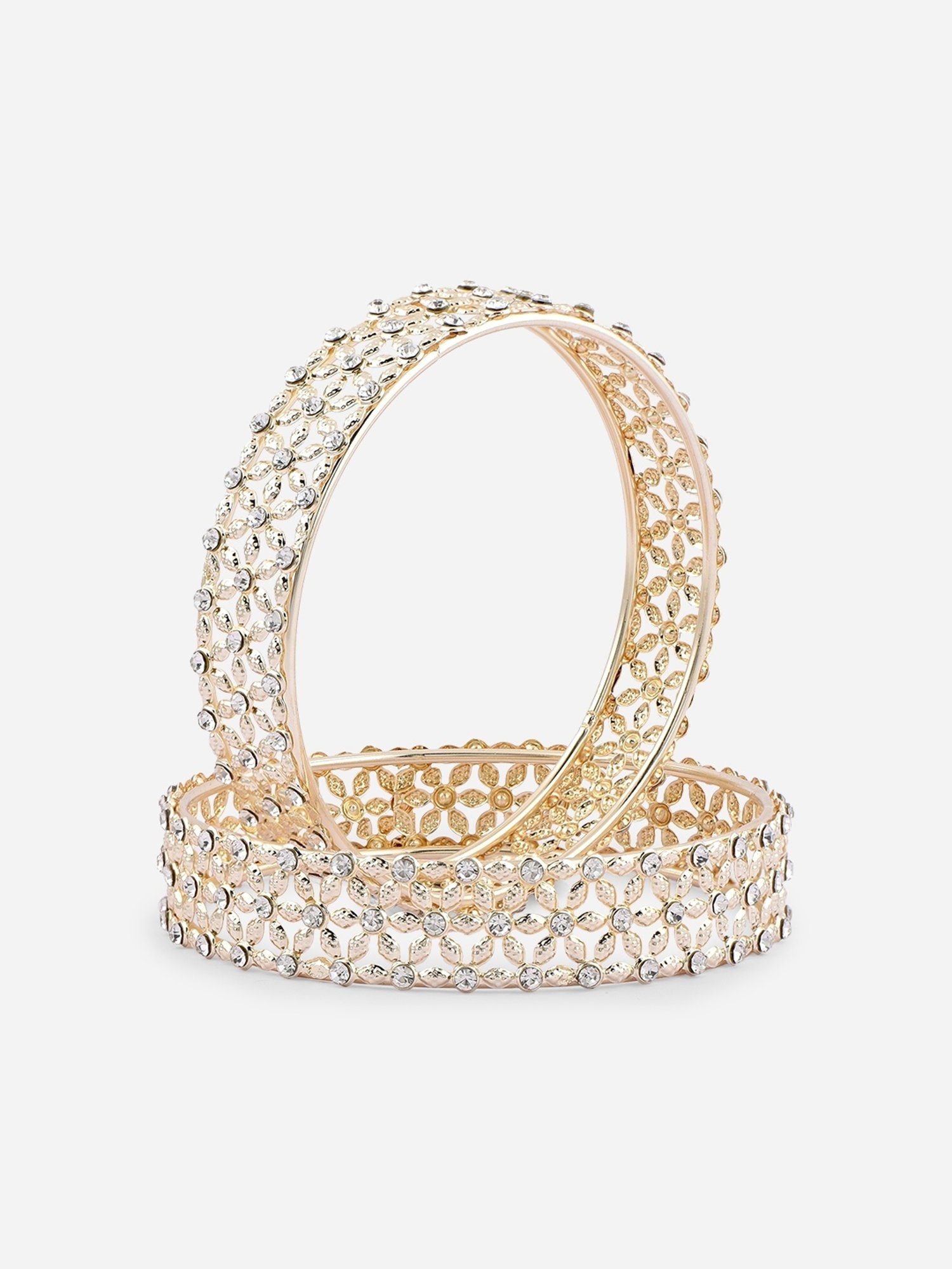 ToniQ Classy Gold-Plated Floral Cz Stone Studded Ethnic Bangle - Set of 2