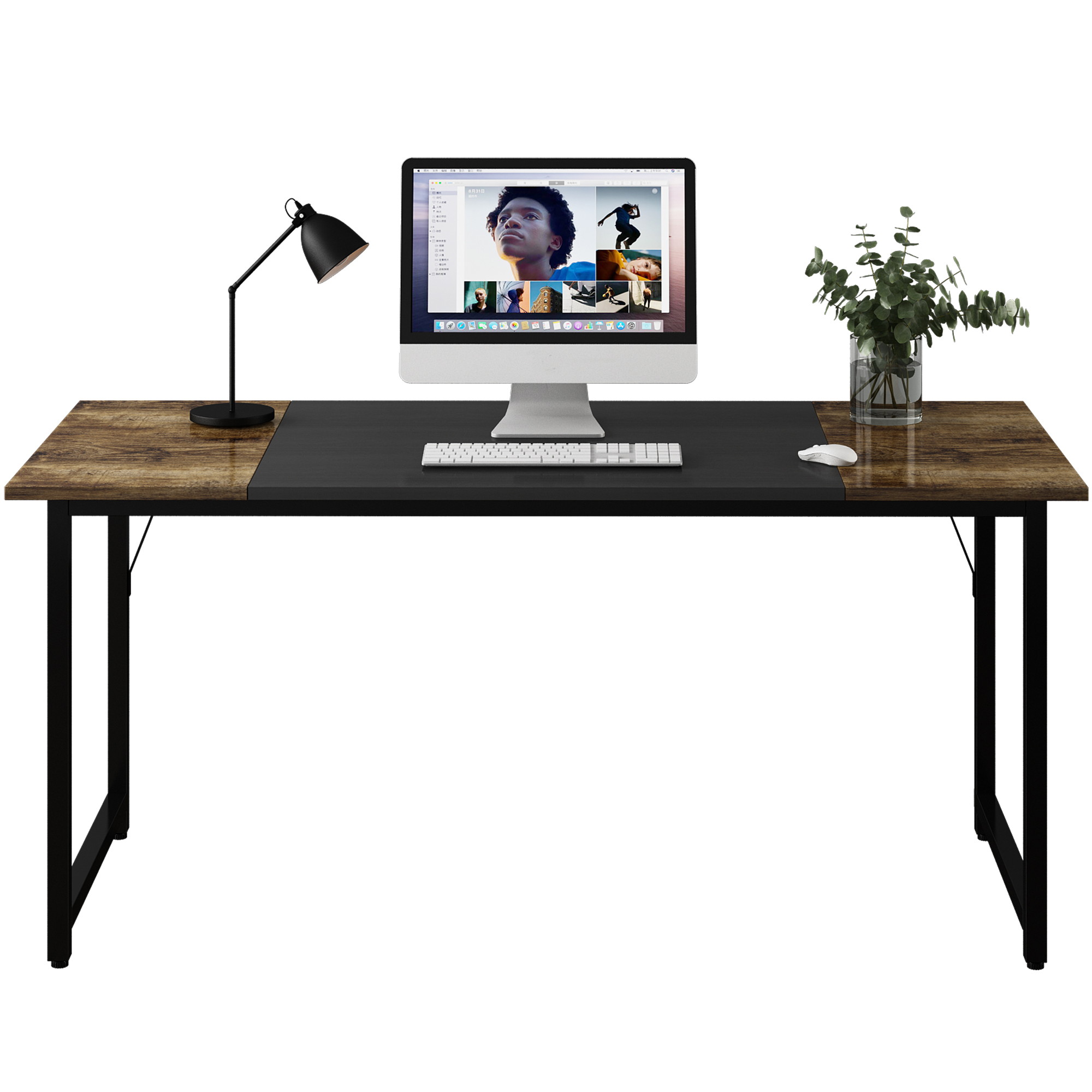 56Inch Computer Desk Home Office Desk Writing Table Study Desk Gaming Desk with A Contrasting Color Splice Board Design , Black Metal Frame
