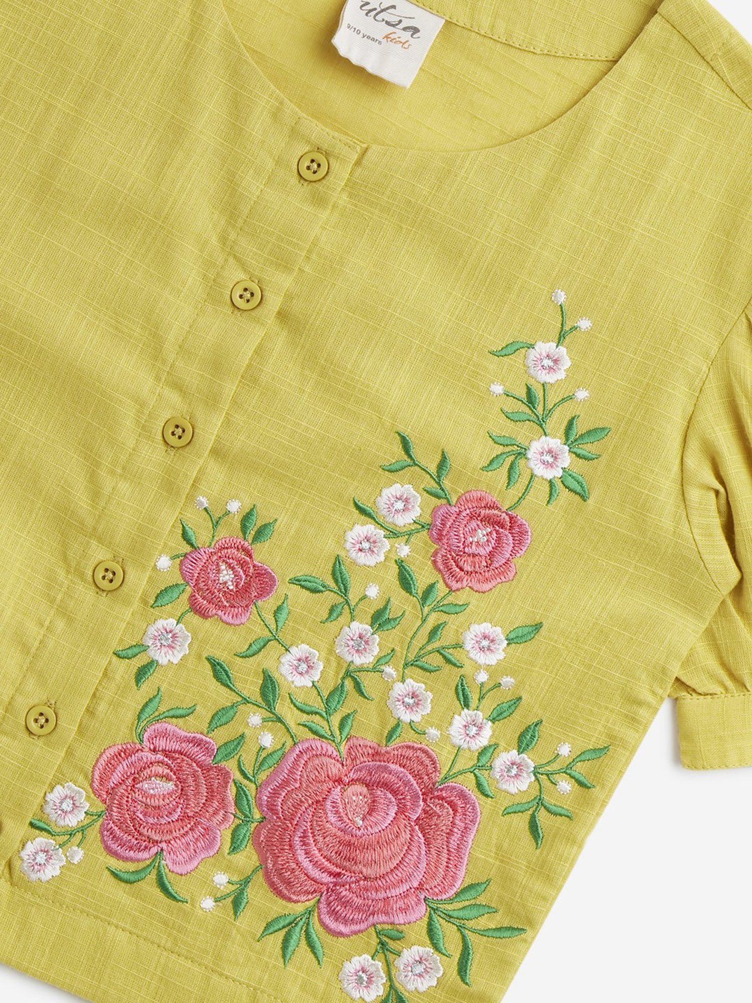 Utsa Kids by Westside Yellow Floral Embroidered Cotton Ethnic Top
