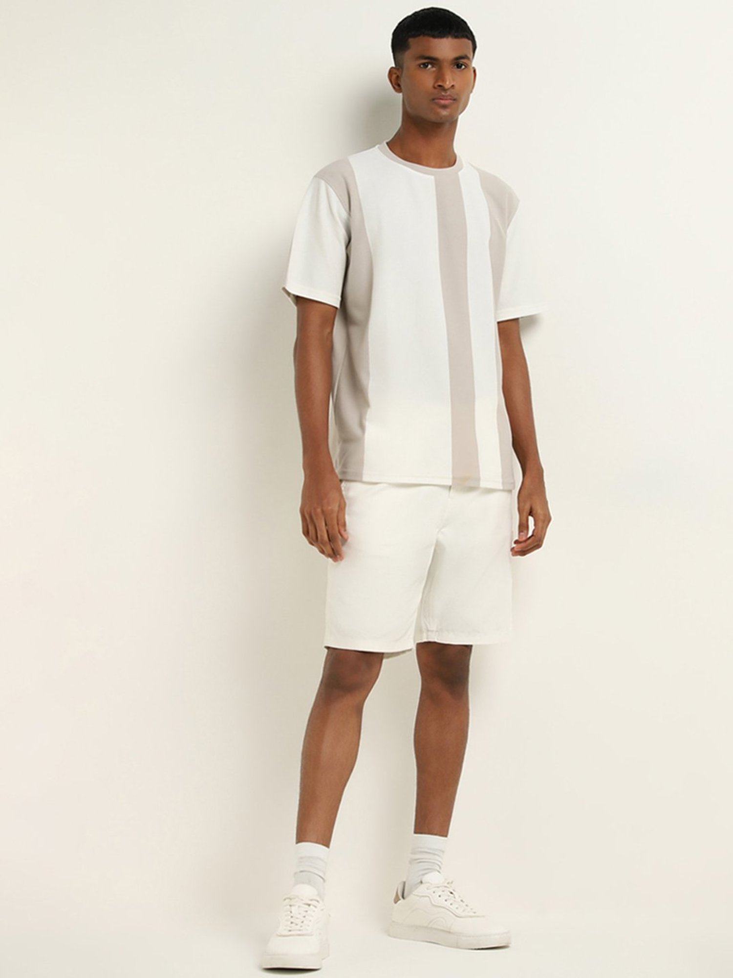 Nuon by Westside Beige Striped Regular-Fit T-Shirt