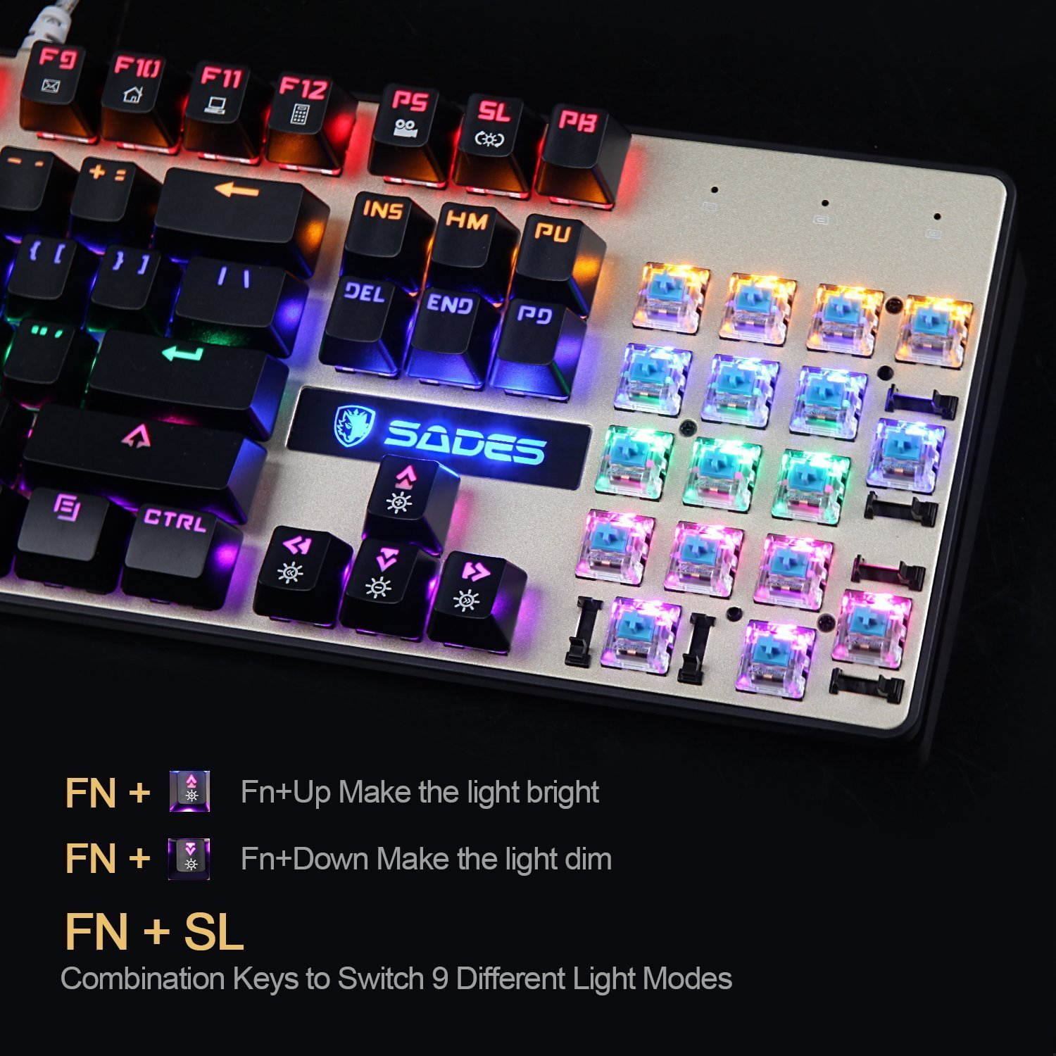 SADES K10 Multi-color LED Backlit Wired USB Mechanical Gaming Keyboard with Blue Switches