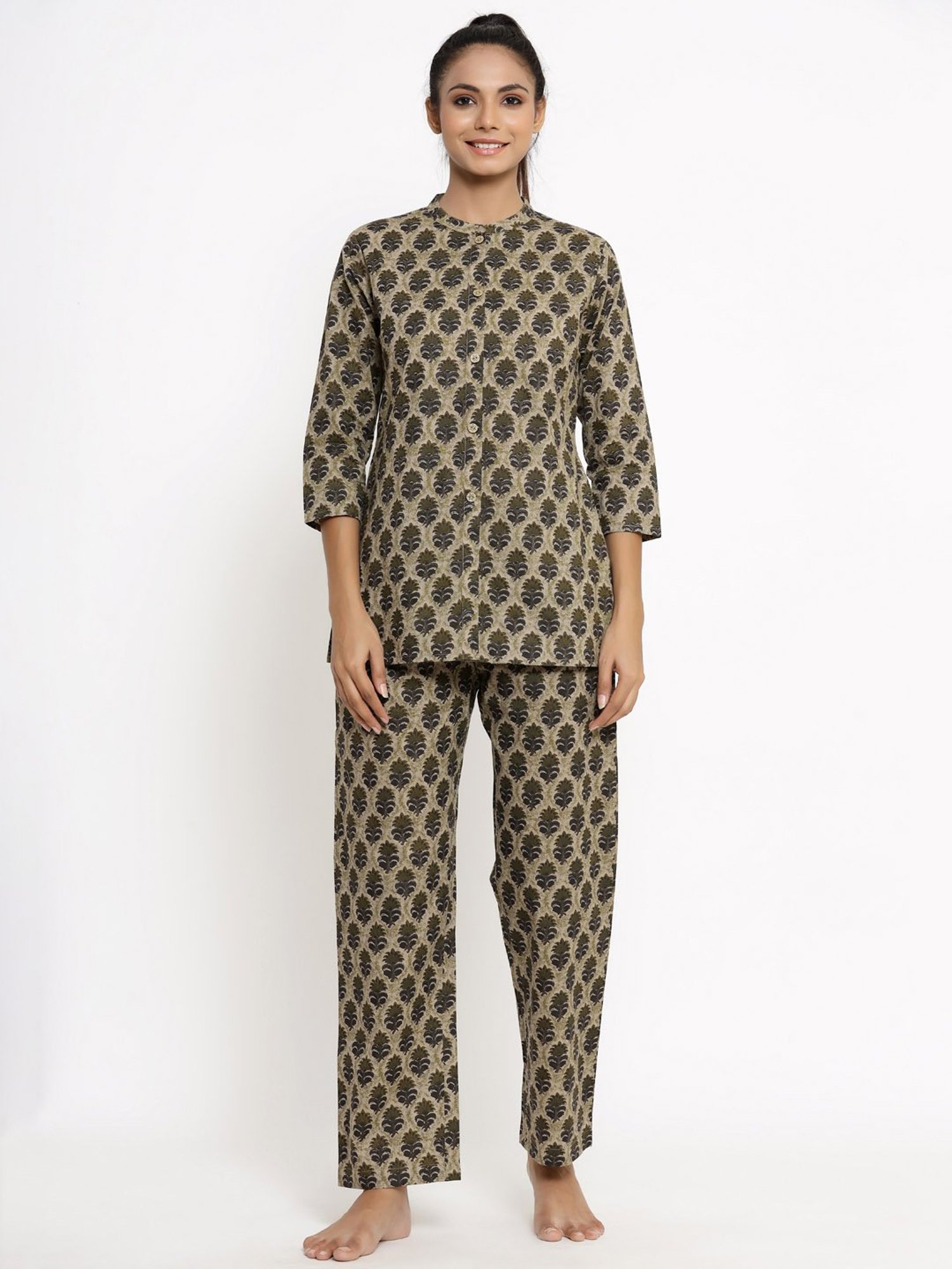 Kipek Beige & Green Cotton Printed Tunic Pyjama Set