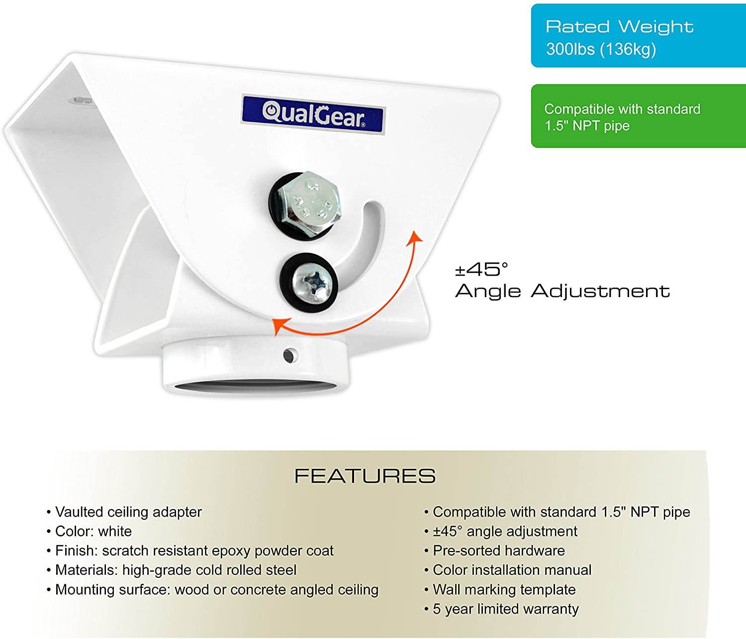 QualGear QG-PRO-PM-VCA-W Pro-AV Suspended Ceiling Adapter for 1.5", 6" X2', Adjustable Projector Accessory