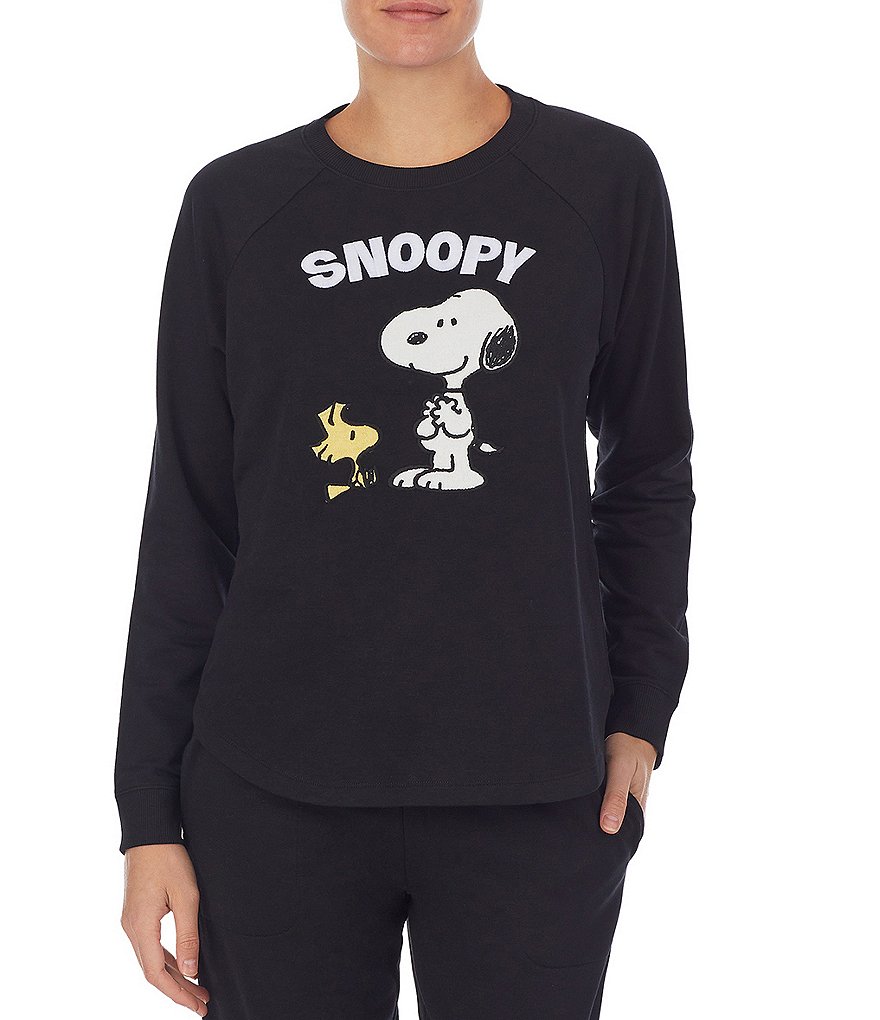 Peanuts Snoopy & Woodstock Appliqued French Terry Long Sleeve Crew Neck Coordinating Sleep Top
