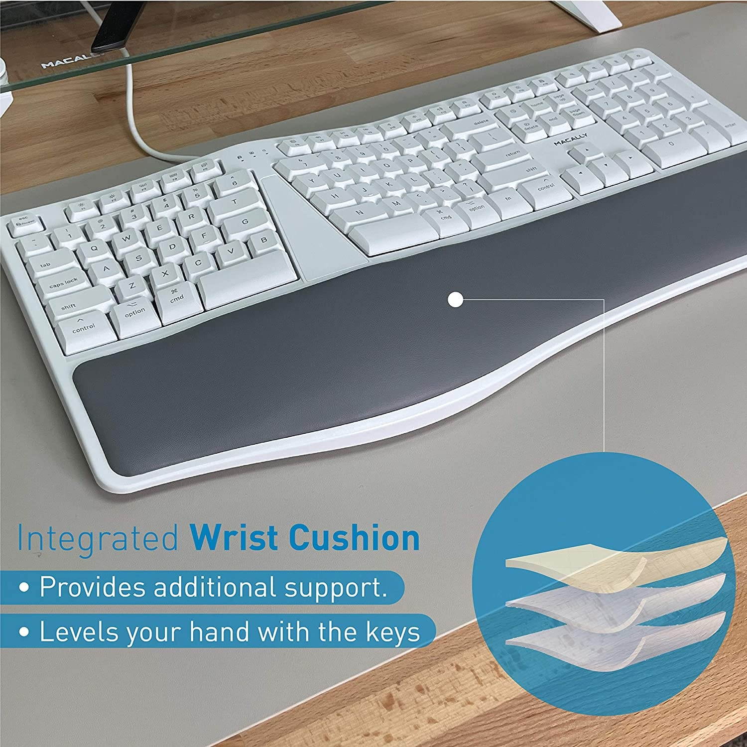 Macally Mac Wired Keyboard with Wrist Rest - Natural and Comfortable Typing - Split Ergonomic Keyboard for Mac with 110 Keys, 21 OSX Shortcuts, and 5ft USB-A Cable - Mac USB Keyboard Ergonomic Design