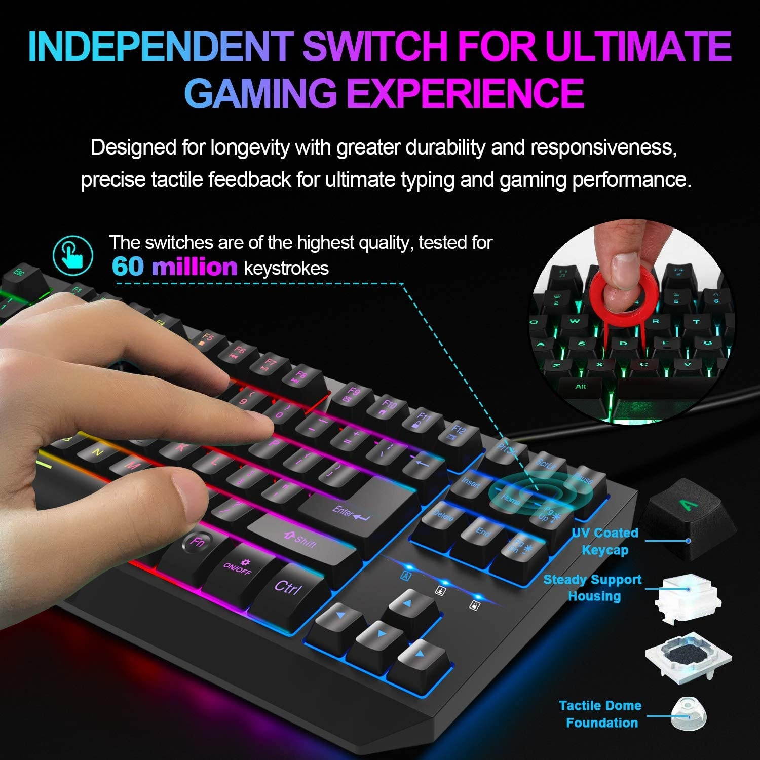 Gaming Keyboard, 87 Keys Backlit Mechanical Feeling Computer Keyboard, USB Wired Ultra-Portable Design Water Resistant Membrane Keyboard for PC/Laptop/Desktop/Computer