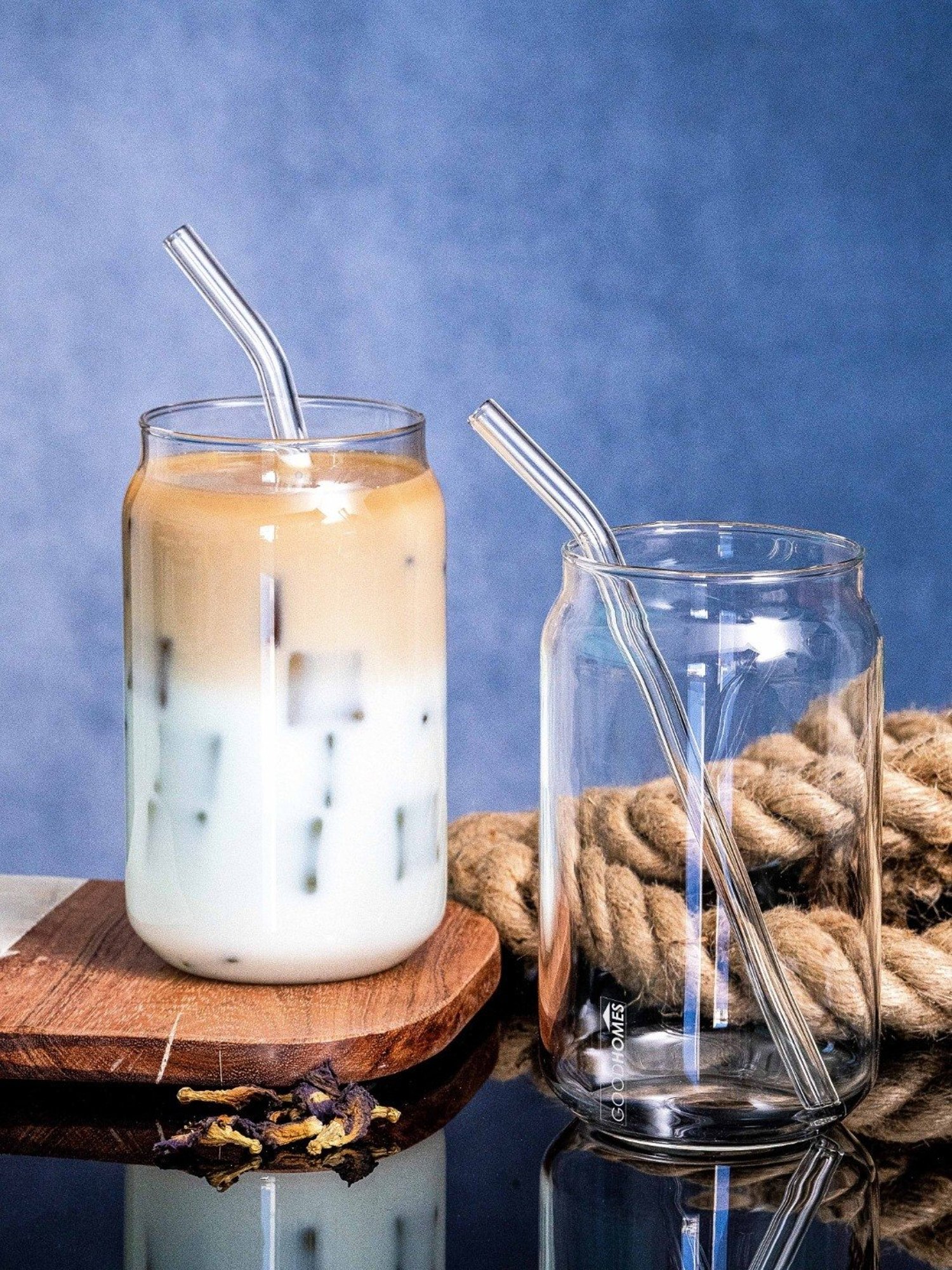 Goodhomes Transparent Glass Mason Jar with Straw - Set of 2