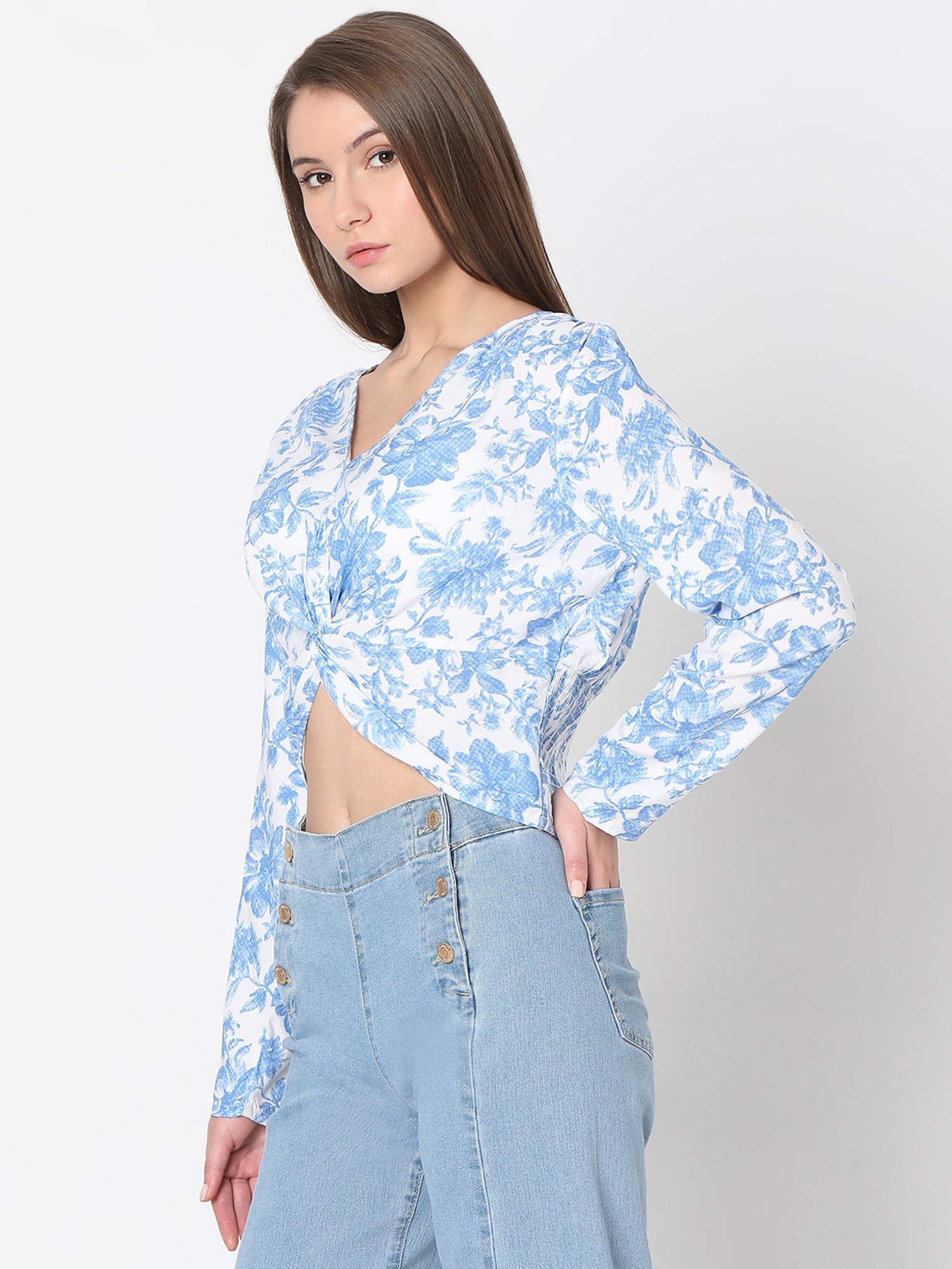 Vero Moda Blue & White Floral Print Crop Top